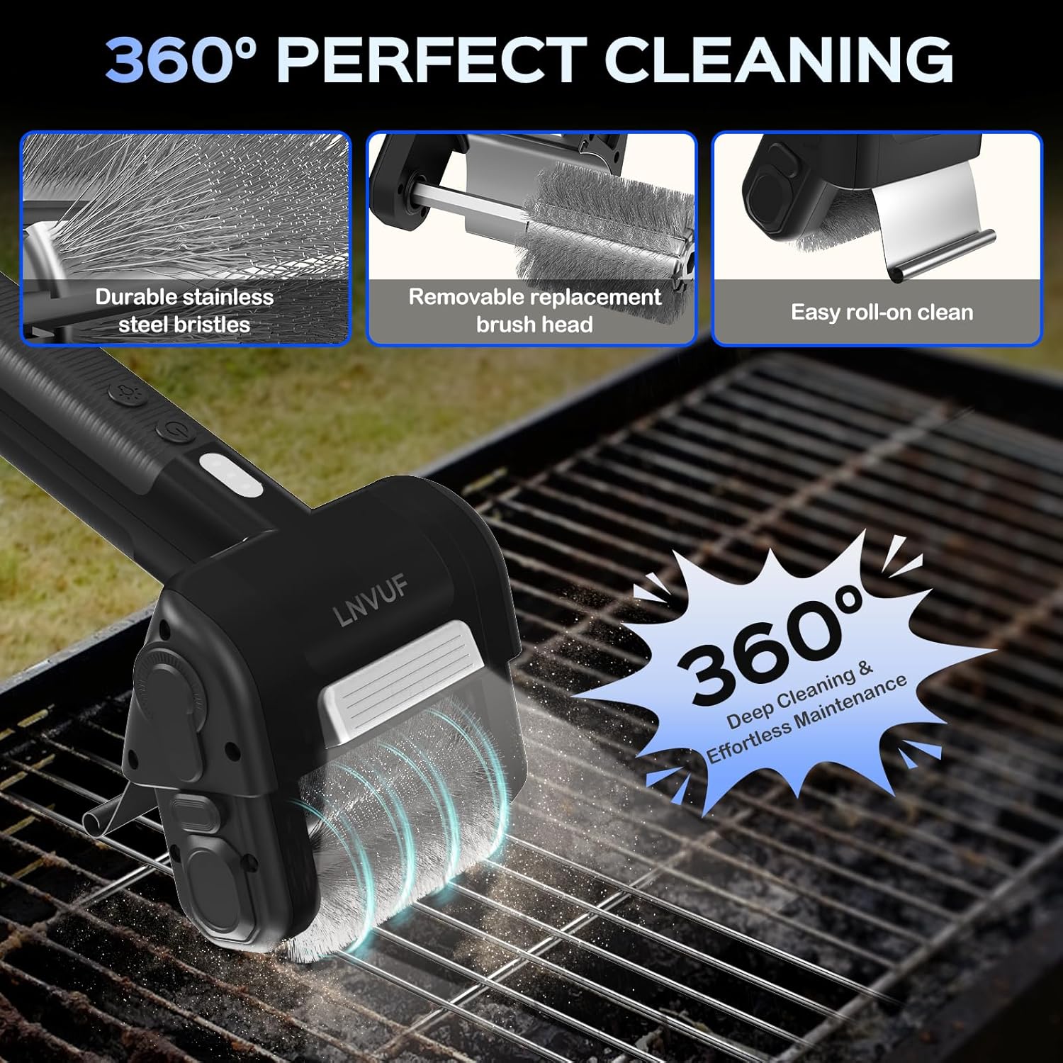 Electric Grill Brush, Grill Cleaner with LED Light, with 800 RPM Motor, 304 Removable Stainless Steel Brush Head, Cordless & Type-C Rechargeable for BBQ, Heavy Duty Grill Cleaning Tool (Black)