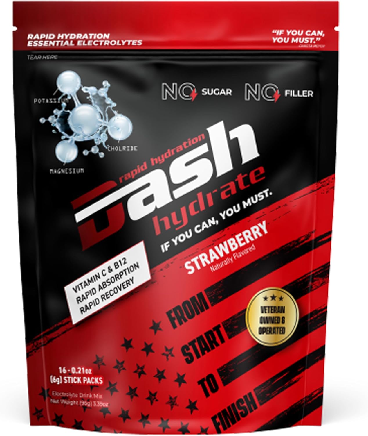 Dash Hydrate Rapid Hydration Electrolyte Drink Mix Packets | Rapid Absorption & Recovery with No Sugar | Activate Energy – Detoxify - Support |16 ct (Strawberry)