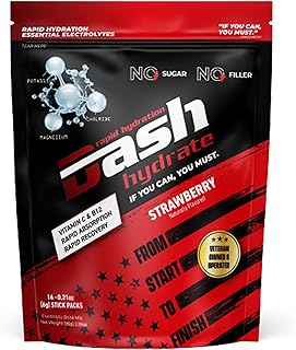 Dash Hydrate Rapid Hydration Electrolyte Drink Mix Packets | Rapid Absorption & Recovery with No Sugar | Activate Energy – Detoxify - Support |16 ct (Strawberry)