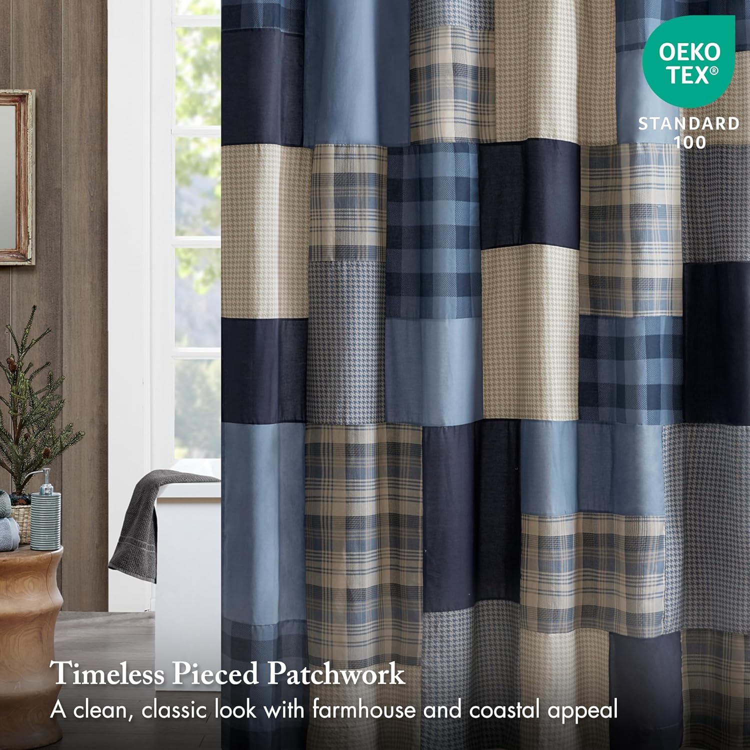 Woolrich Winter Hills 100% Cotton Shower Curtain, Cabin Lodge Plaid Pieced Design, Farmhouse Bathroom Decor, Machine Washable, Fabric Privacy Screen 72x72, Blue