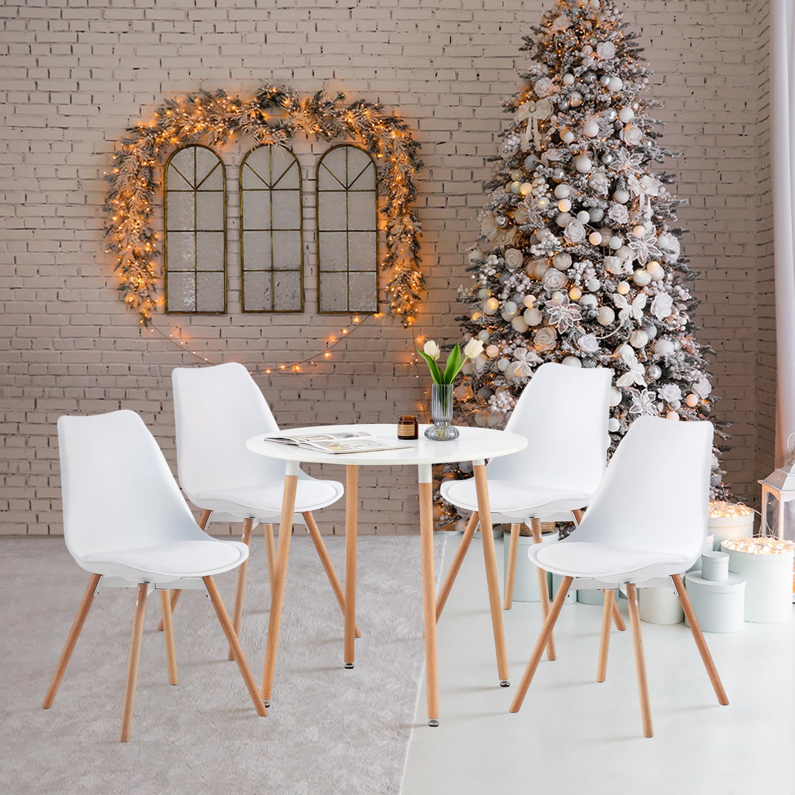 buybyroom Set di 4 sedie imbottite, da cucina, con seduta in legno massiccio, schienale per sala da pranzo, soggiorno, camera da letto, sala conferenze, bianco