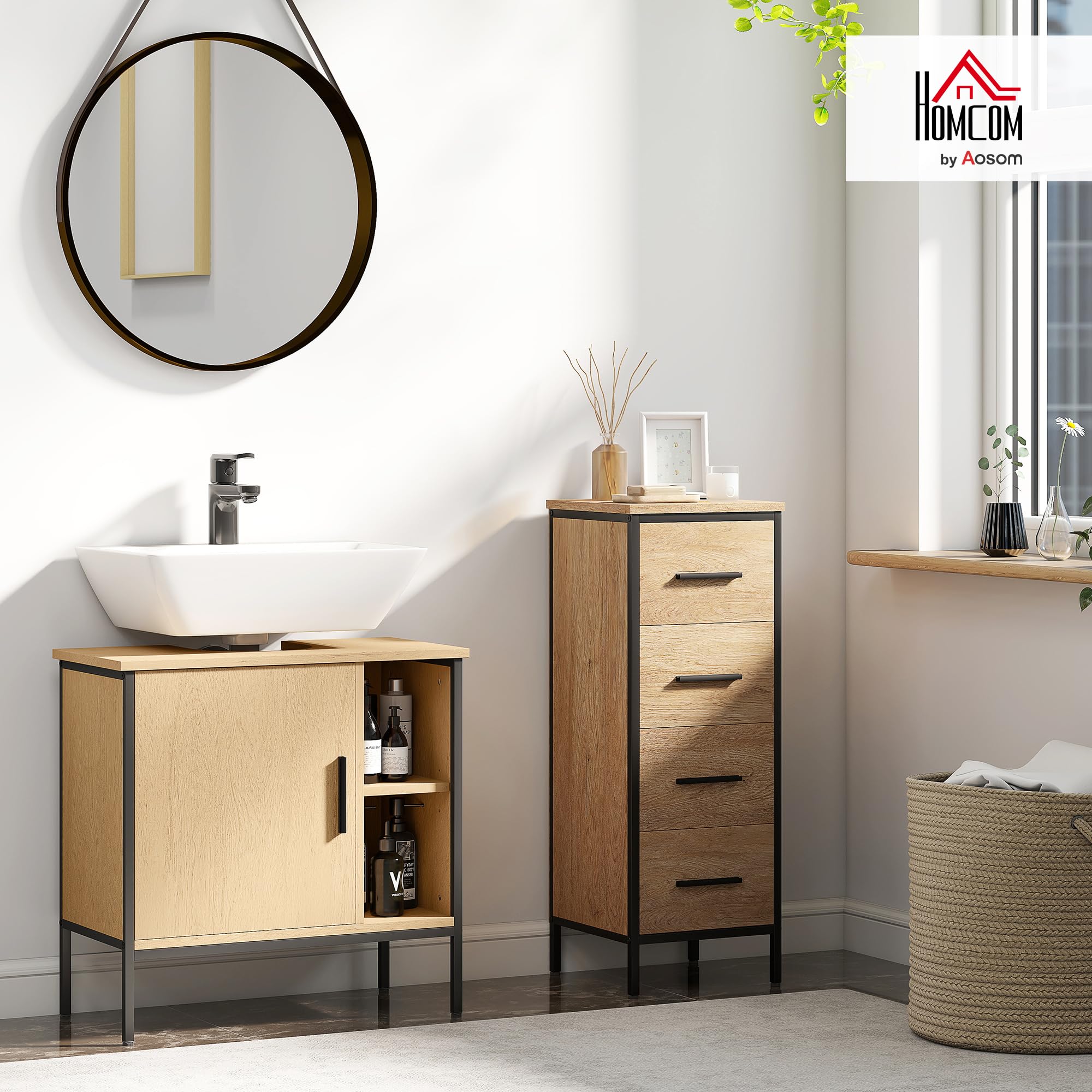 HOMCOM Mueble bajo Lavabo Mueble de Baño con Puerta y Estante Ajustable para Lavabo con Pedestal 60x30x59,5 cm Roble
