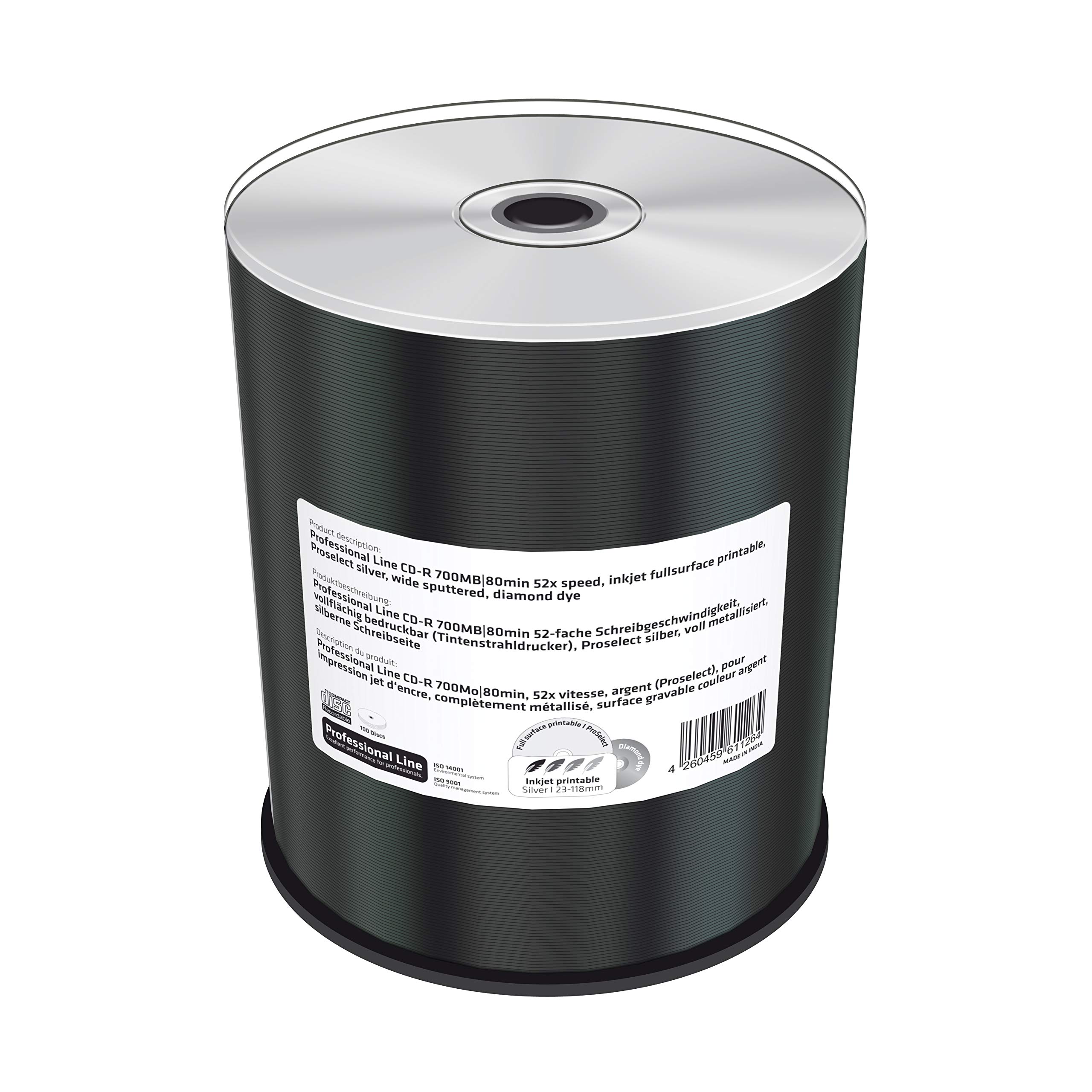 Professional Line CD-R 700 Mb|80 min 52-krotna prędkość zapisu, możliwość drukowania na całej powierzchni (drukarka atramentowa), srebrny, w pełni metalizowana, srebrna strona do pisania, 100 Cake Box