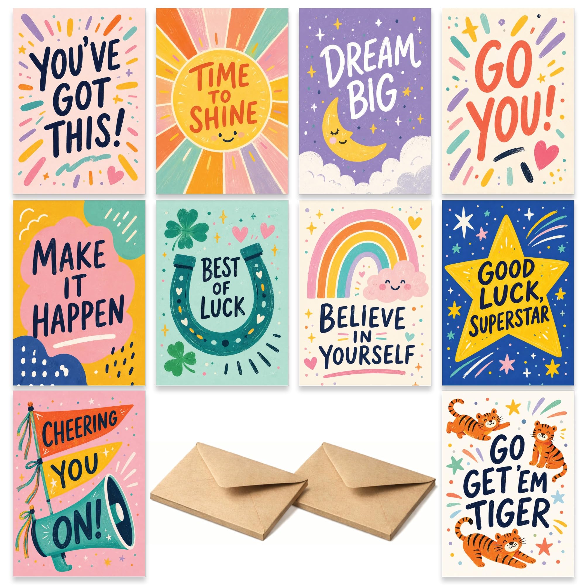 Good Luck Cards with Envelopes Set of 10 - Blank Greeting sheets Assortment Box - Positive Affirmation notes and Envelopes - Colorful Inspirational, Encouragement, Motivating Designs
