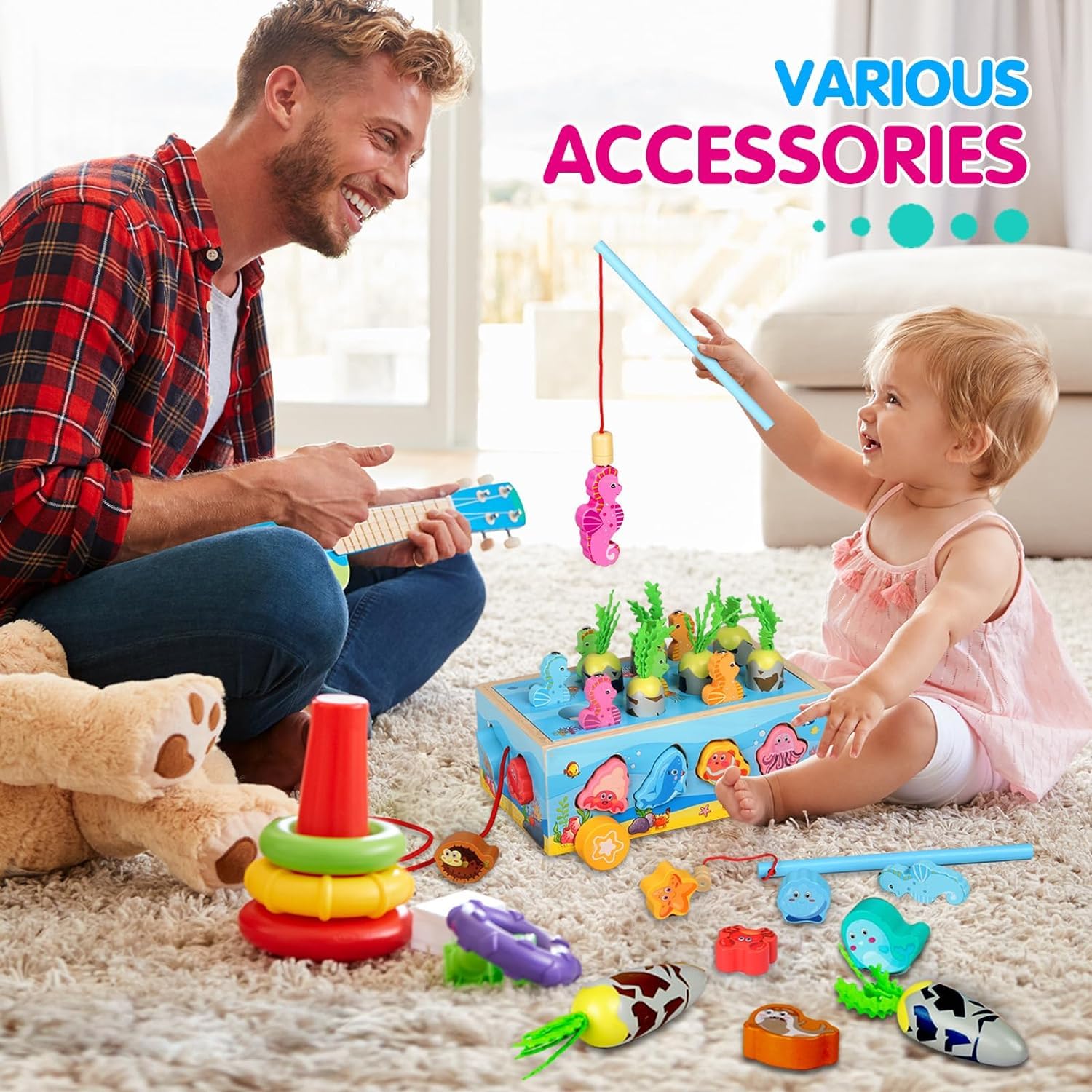 SUNLIRY Juguete Montessori De Madera 4 En 1 – Tema De Animales Marinos Con Pesca Magnética, Cosecha De Zanahorias, Bloques De Formas Y Coche De Arrastre – Ideal Para Niños De 1 A 4 Años, Regalo Educativo