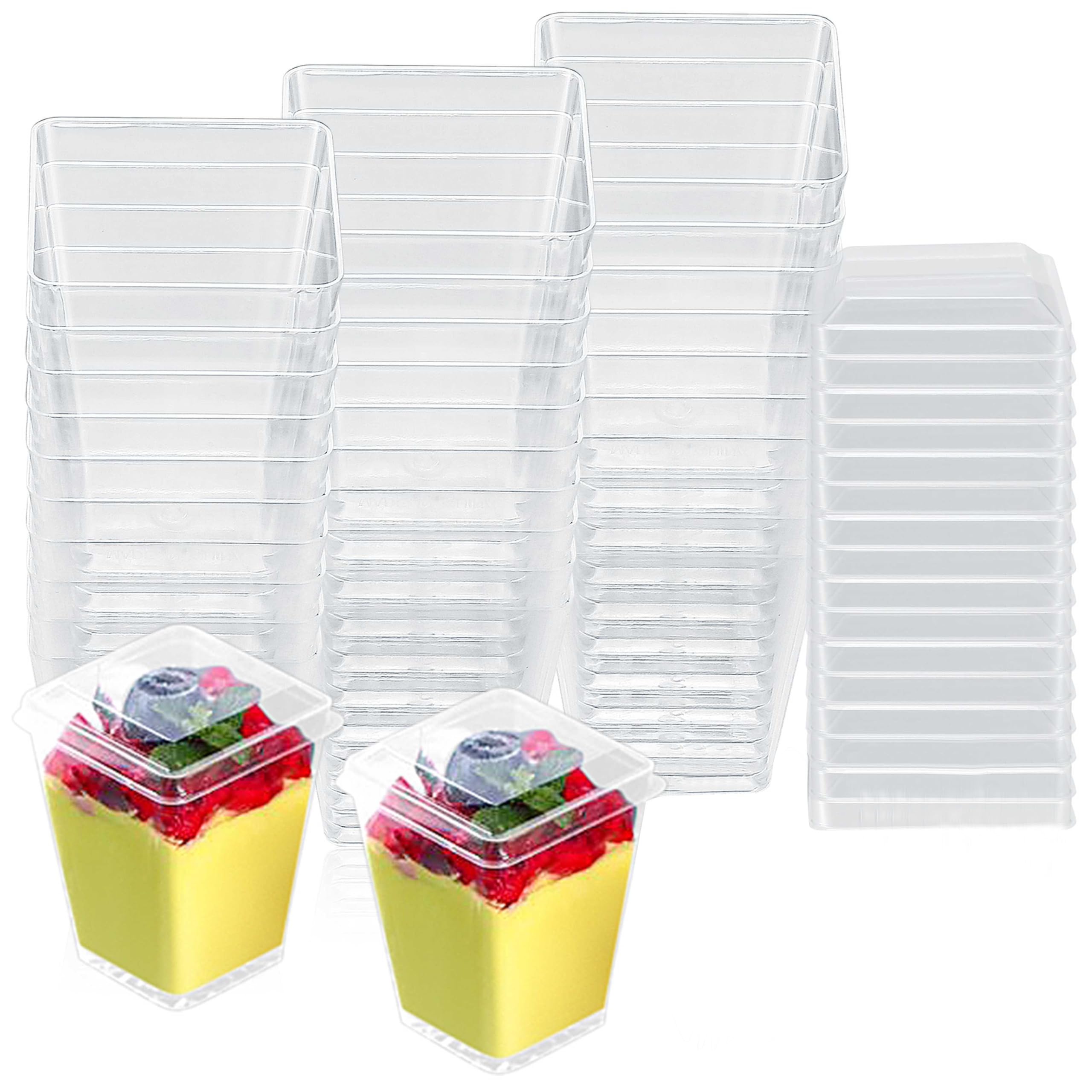 Yibaijia 50 Pcs Dessert Cups, Dessert Bowls, Reusable Plastic Square Cheesecake Pots, 160 ml/5.4 oz Clear Appetizers Serving Bowl for Dessert Pudding Trifles Party, with 50 x Lids