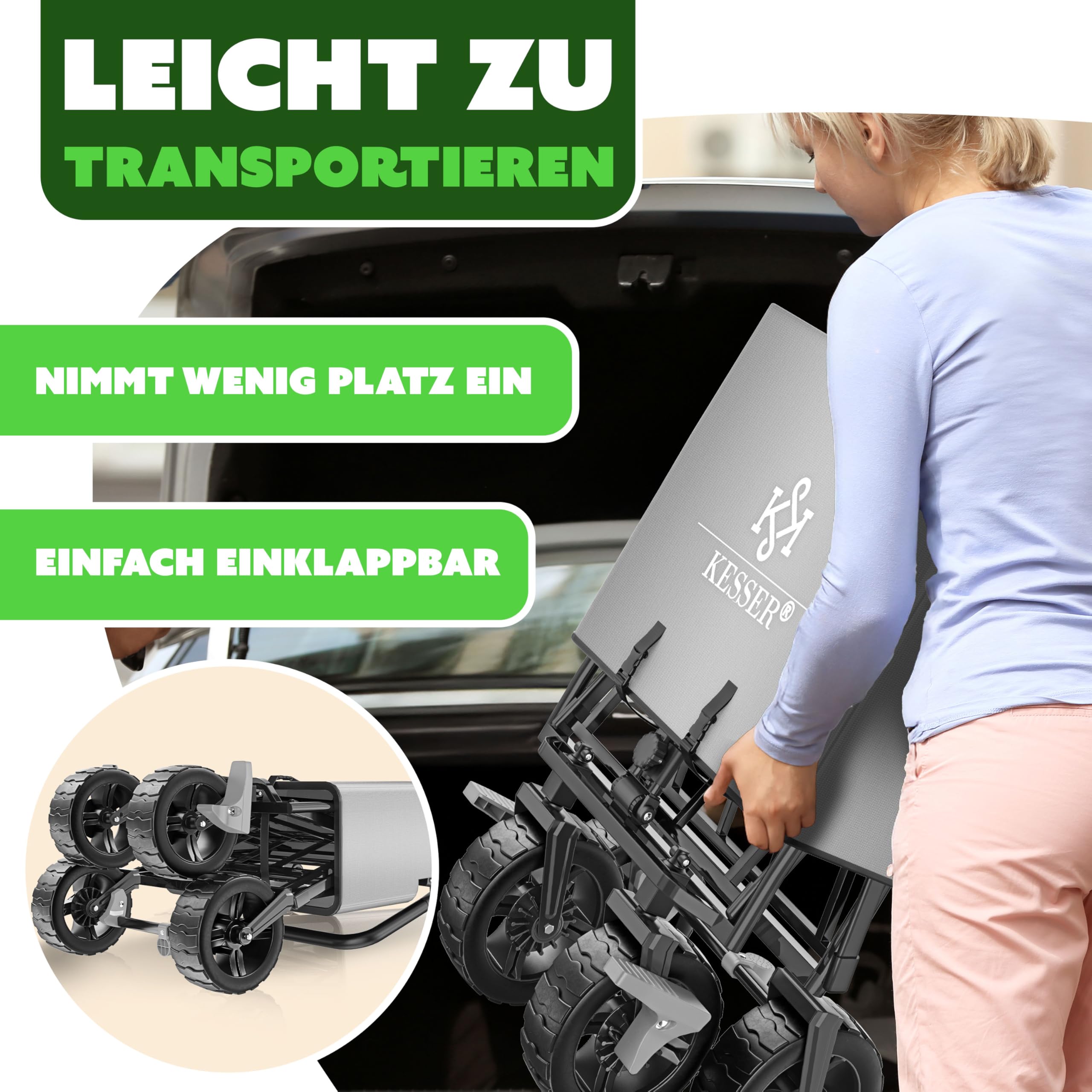 KESSER® Bollerwagen faltbar GT9000 Handwagen mit Dach | Transportwagen max. belastbar bis 150kg mit Hartgummi-Räder & Feststellbremsen (Vorne & Hinten) | Inkl. Schloss, Abdeckung, Wetter & Sichtschutz