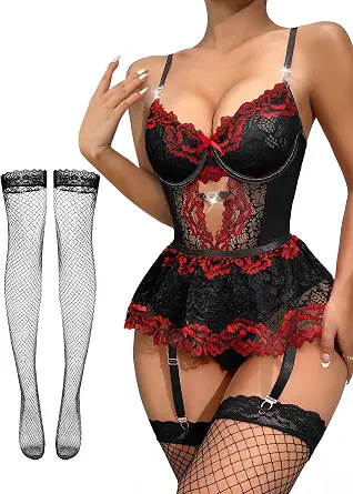 Lilosy Sexy Lingerie Set 3 Piece Women Corset Bodysuit and Skirt