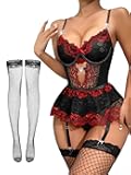 Lilosy Sexy Stocking Rhinestones Heart Garter Underwire Floral Mesh lace Sheer Babydoll Lingerie Teddy Bodysuit Skirt Set
