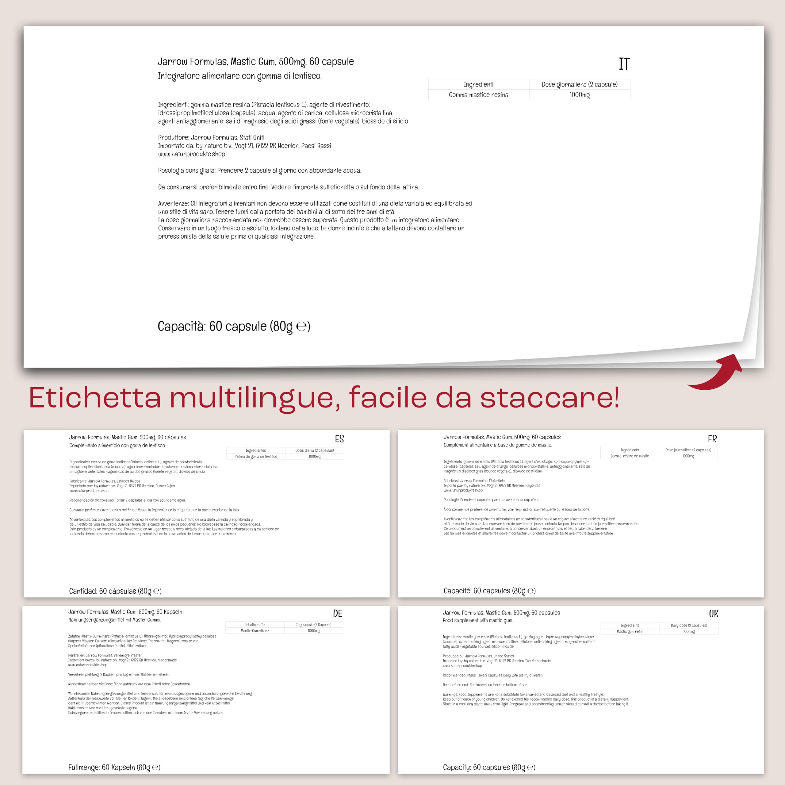 Jarrow Formulas, Mastic Gum, 500 mg, Resina di Gomma Mastice, Altamente Dosato, 60 Capsule vegane, Testato in Laboratorio, Vegetariano, Senza Soia, Senza Glutine, Non OGM