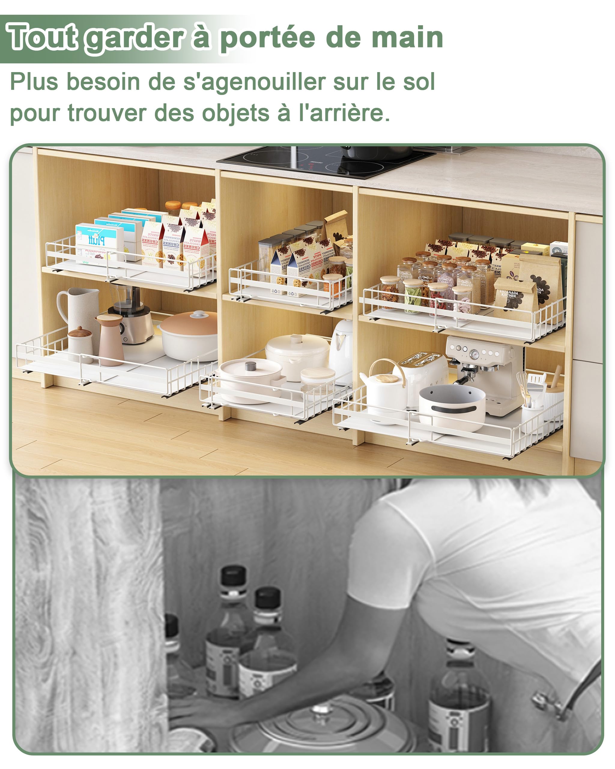 UMDONX Lot de 2 organiseurs de tiroirs télescopiques extensibles avec colle pour armoires de cuisine, tiroirs de cuisine, organiseurs à tirer (blanc)