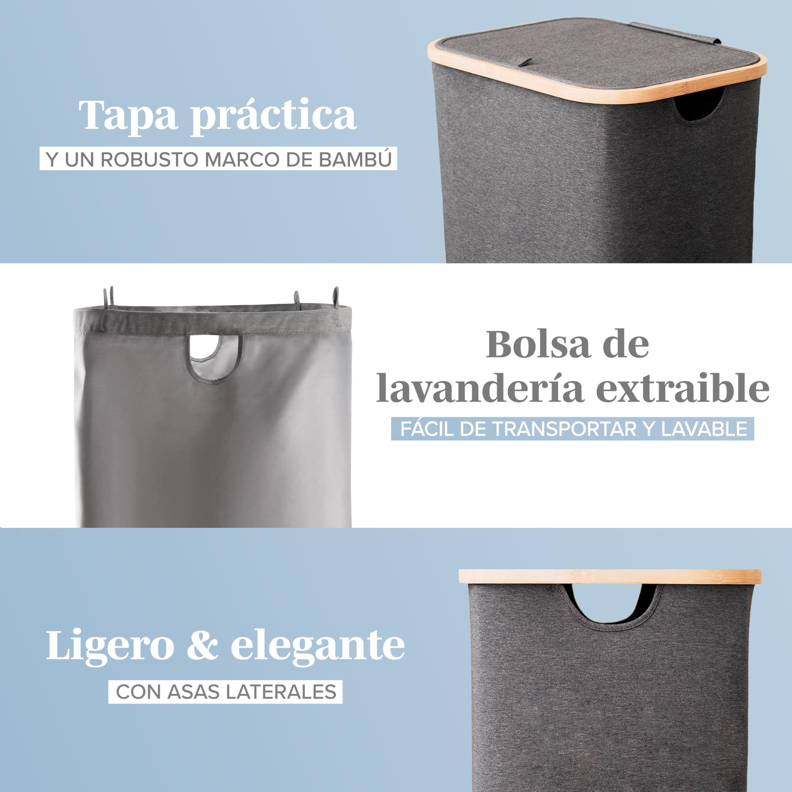 LONBET 100L Cesto Ropa Sucia con Tapa y Estructura de Bambú - Cubo Ropa Sucia Estético con Bolsa Extraíble, Asas Cómodas y Tela Transpirable para Uso Diario Eficiente - Laundry Basket, Gris