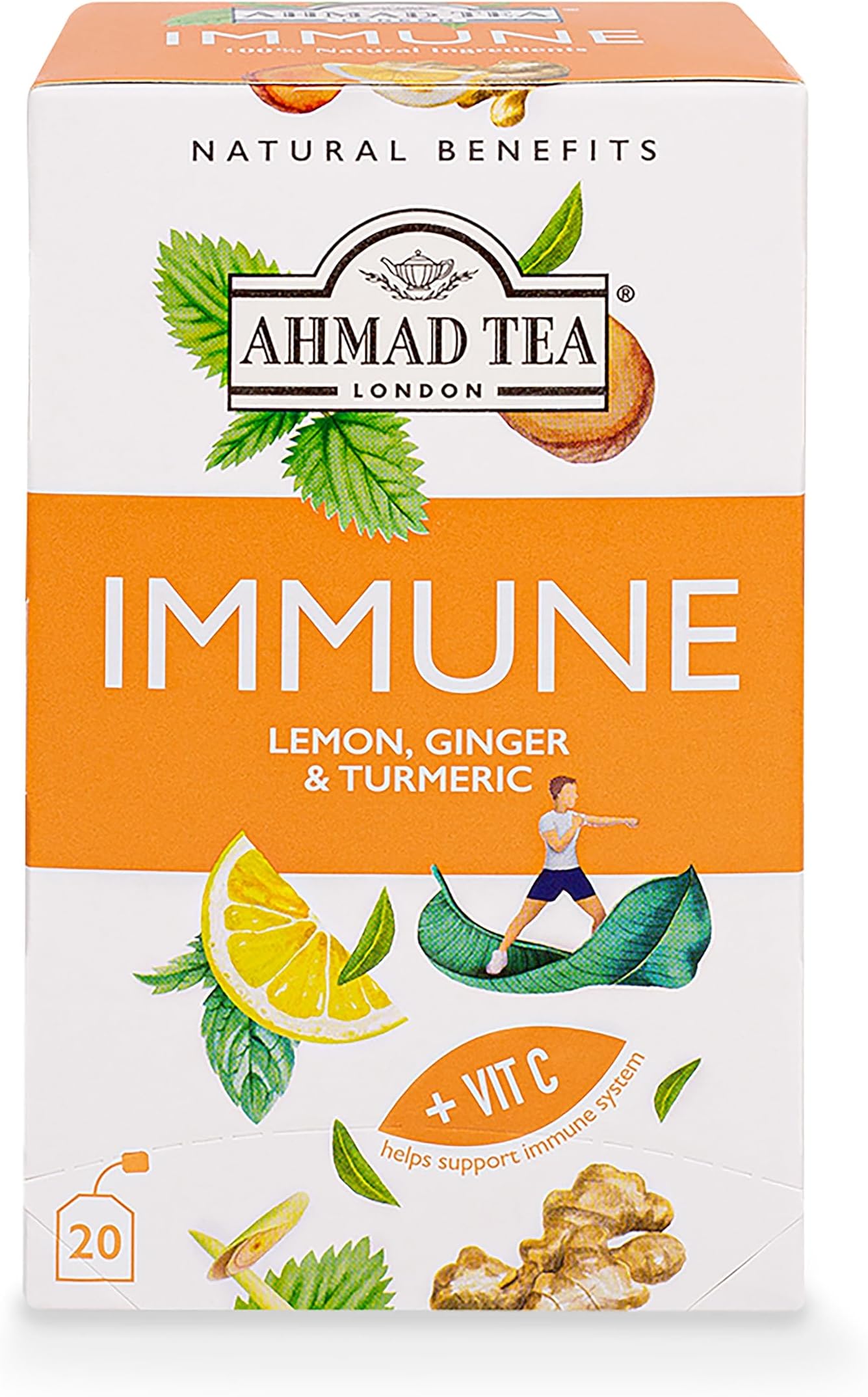 Herbal Tea, Lemon, Ginger, Turmeric, & Vitamin C 'Immune' Natural Benefits Teabags, 20 ct (Pack of 1) - Decaffeinated & Sugar-Free