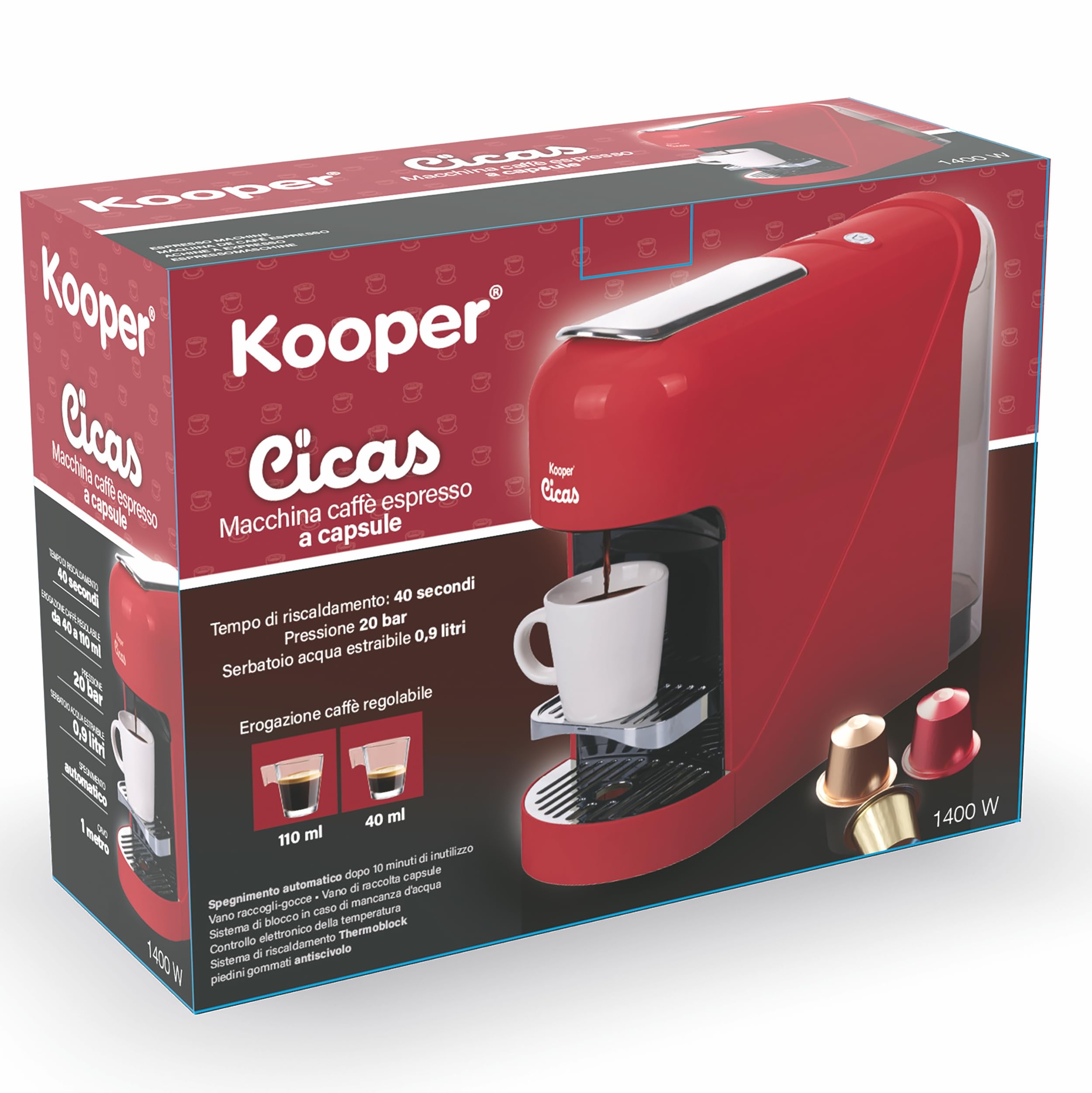 Kooper Ekspres do kawy na kapsułki, czerwony, 1400 W, Cicas