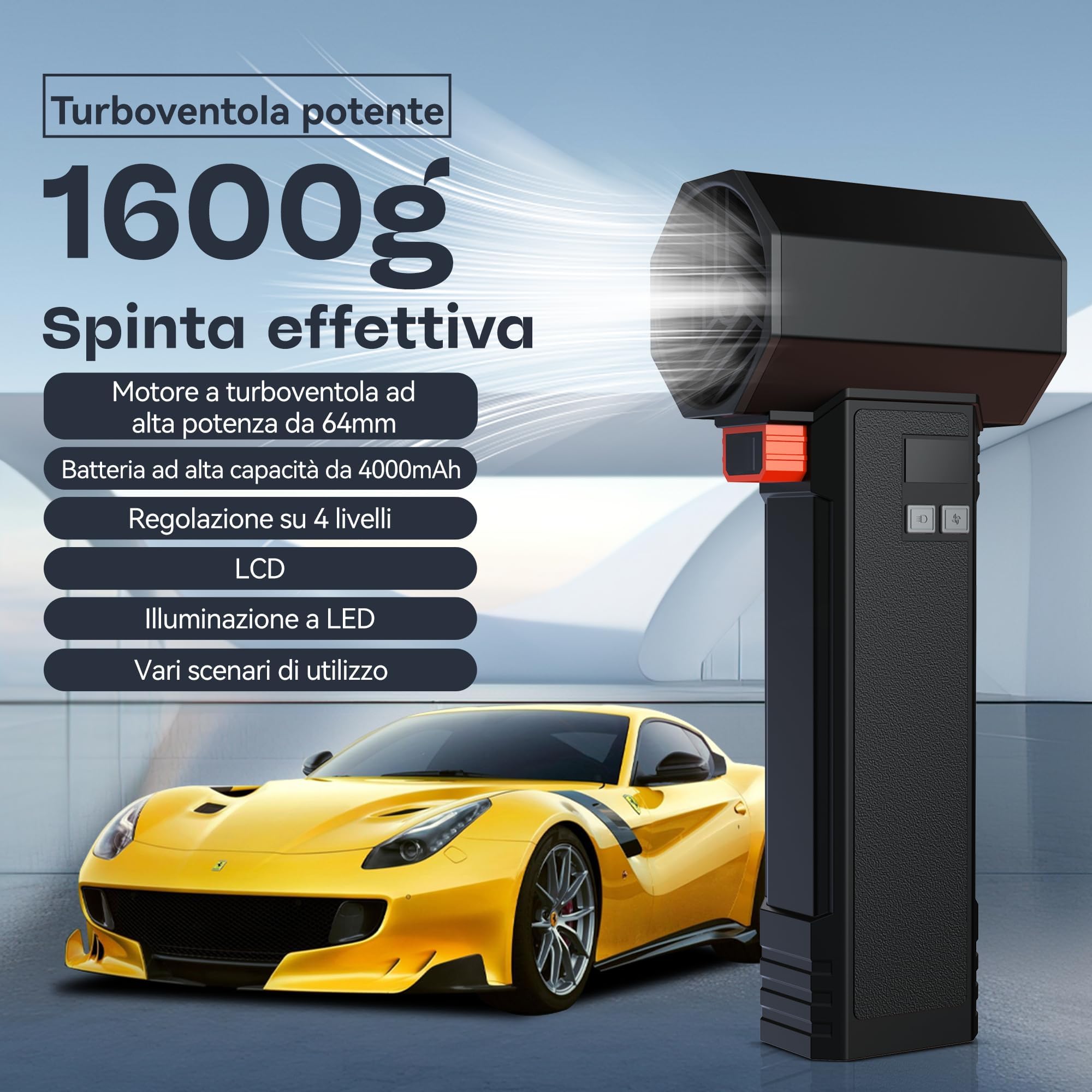 Soffiatore d'aria per auto con LED, 1600 G e 220 MPH, potente ventilatore turbo per asciugatura auto, 4 velocità, soffiatore elettrico per dettagli auto, soffiatore per foglie (Nero argenteo)