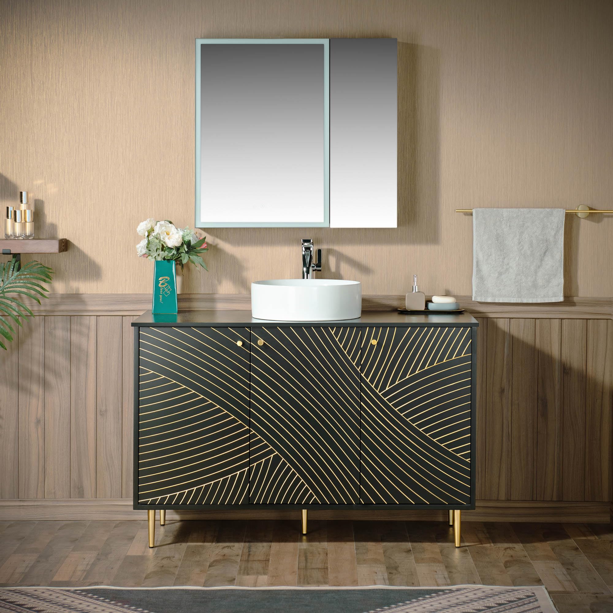 WOODBRIDGE 48" Modern Bathroom Vanity with Round Ceramic Vessel Sinks &amp; Black Engineered Stone Top, Matte Black Lacquer Finish and Gold Accents, Slim Frame Design, and Sleek Space-Saving Profile