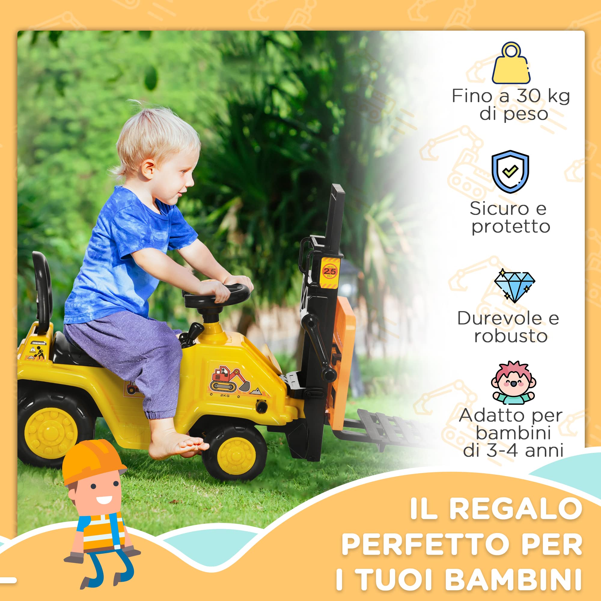 HOMCOM Trattore Cavalcabile per Bambini 3-4 Anni con Muletto, Pulsante per Suoni e Spazio Portaoggetti Nascosto, in PP e ABS, 86x27.5x47.5 cm, Giallo e Nero