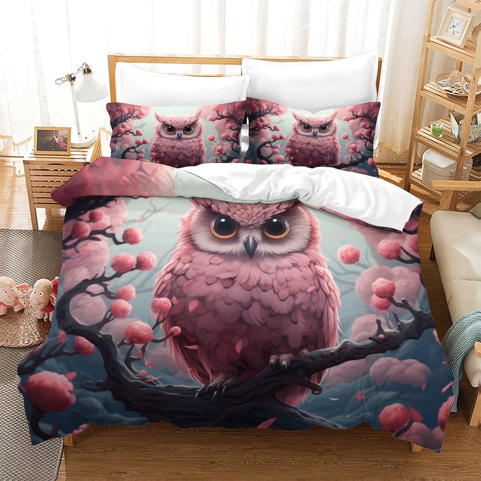 Housse de couette chouette 3 pièces en microfibre anti-plis et fermeture éclair Super King 260x220