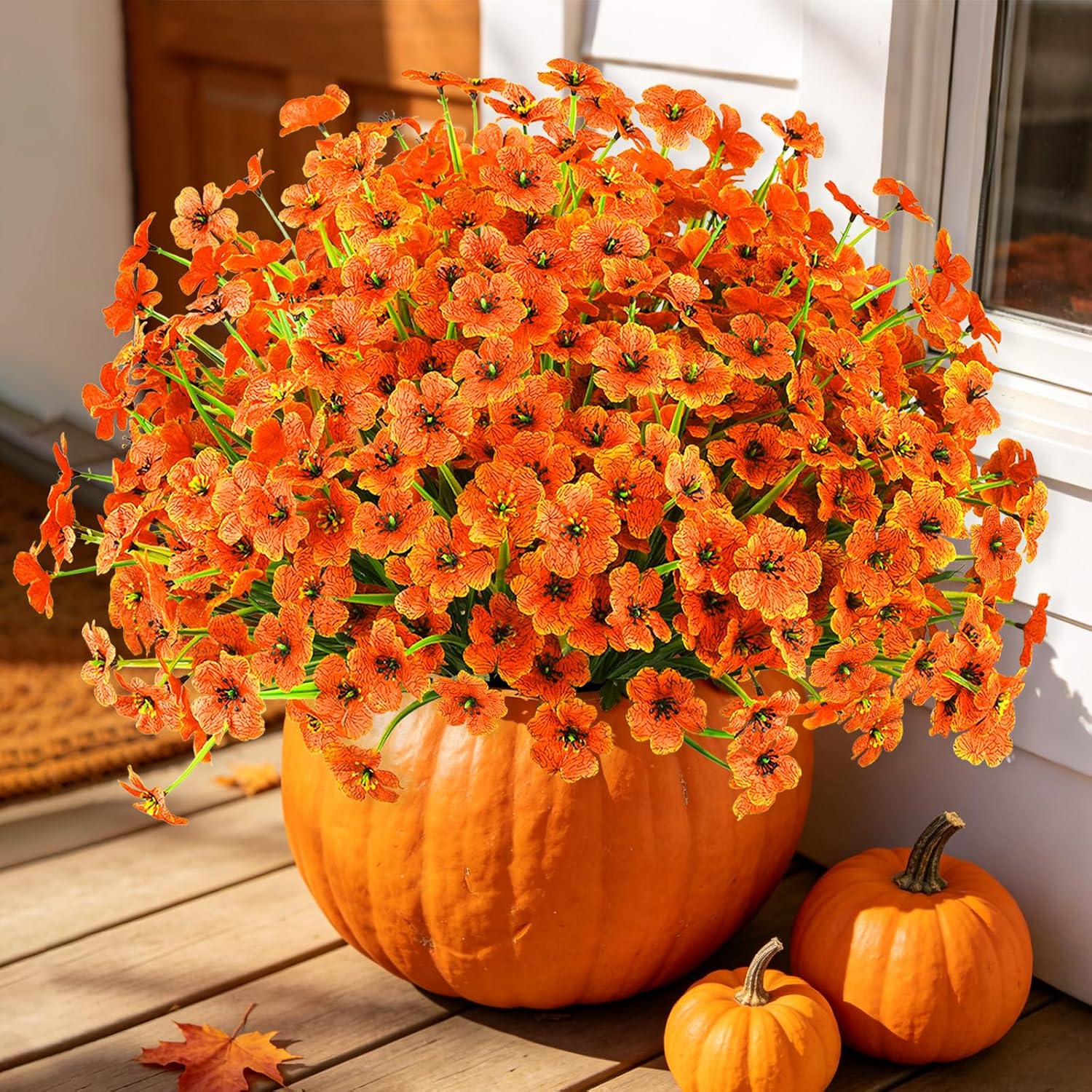 24PCS Artificial Fall Flowers for Outdoors, Fake Mums, Orange