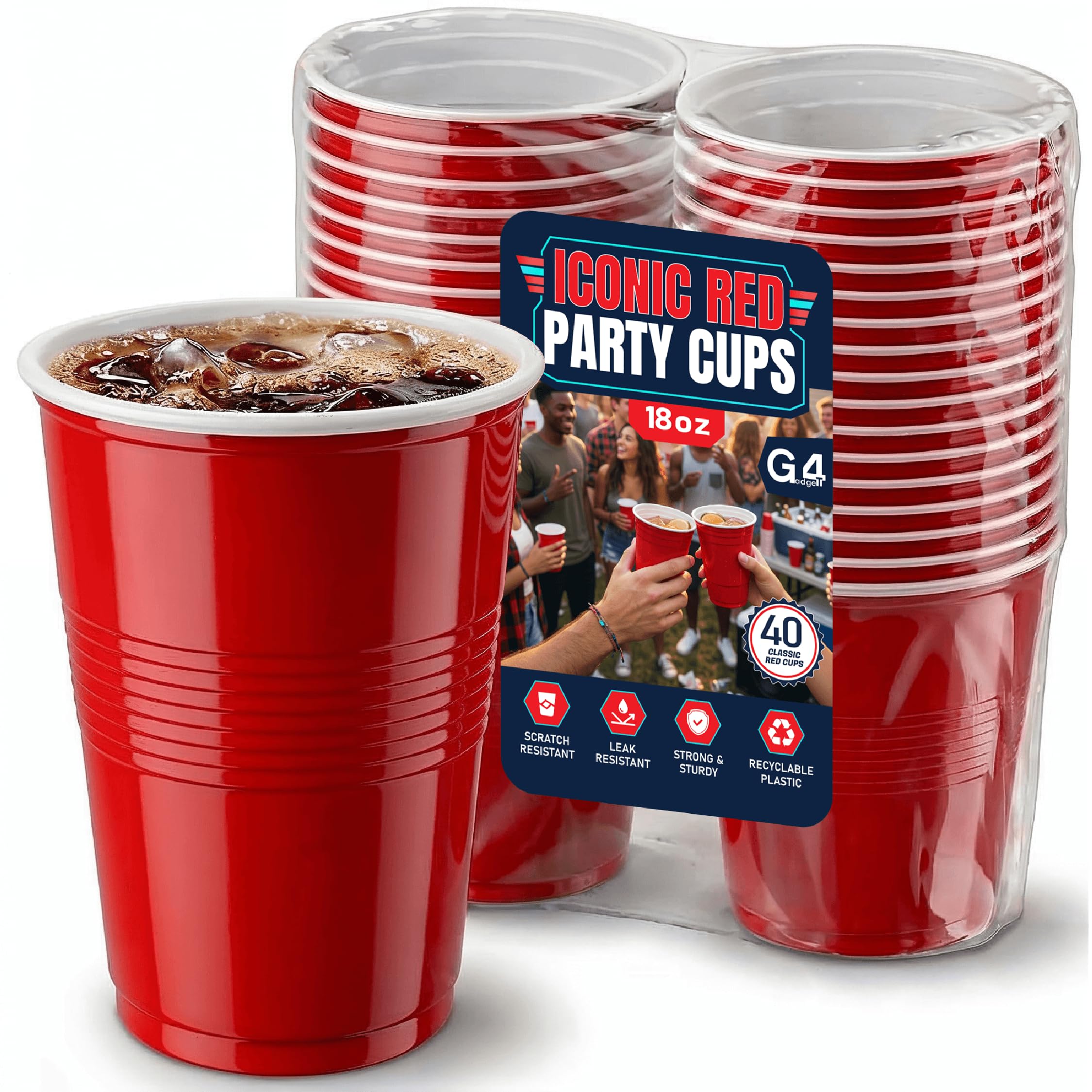G4GADGET Red Plastic Cups 18oz (500ml) – Pack of 40 Heavy Duty Disposable & Reusable Drinking Cups, Large Party Cups for BBQ, Beer Pong, Birthday, Wedding, Picnic & Events