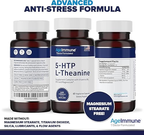 Miniatura 8 de Fórmula Serenity para aliviar el estrés para adolescentes y adultos con 5-HTP, L-teanina, vitamina B6, vitamina B12, magnesio. 60 cápsulas