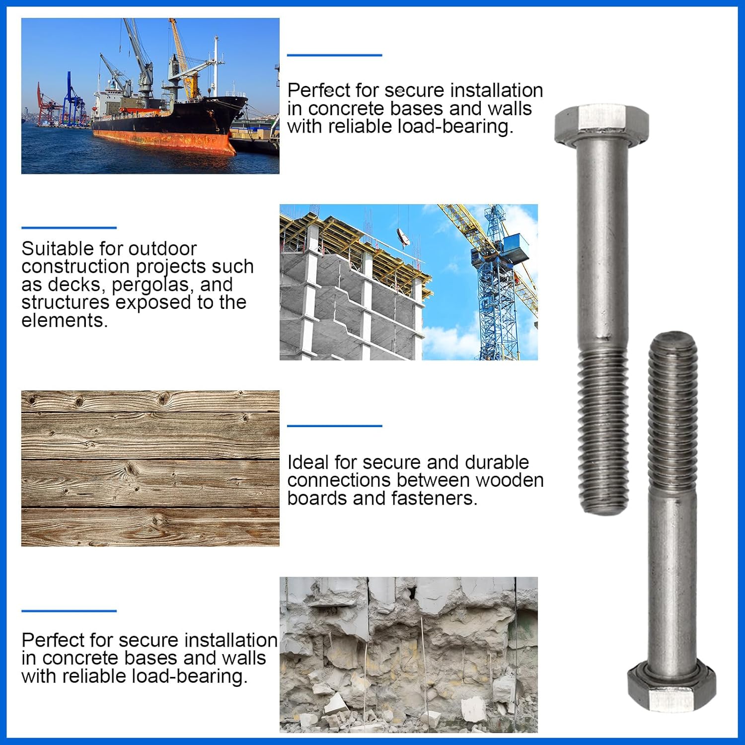 10 Pack 3/8-16 x 7'' Hex Head Cap Screw Bolt 304 Stainless Steel Half Thread External Hex Drive Screw Bolt Fastener for Wet Outdoor Metal Framing Concrete Reinforcement Railing Trellises
