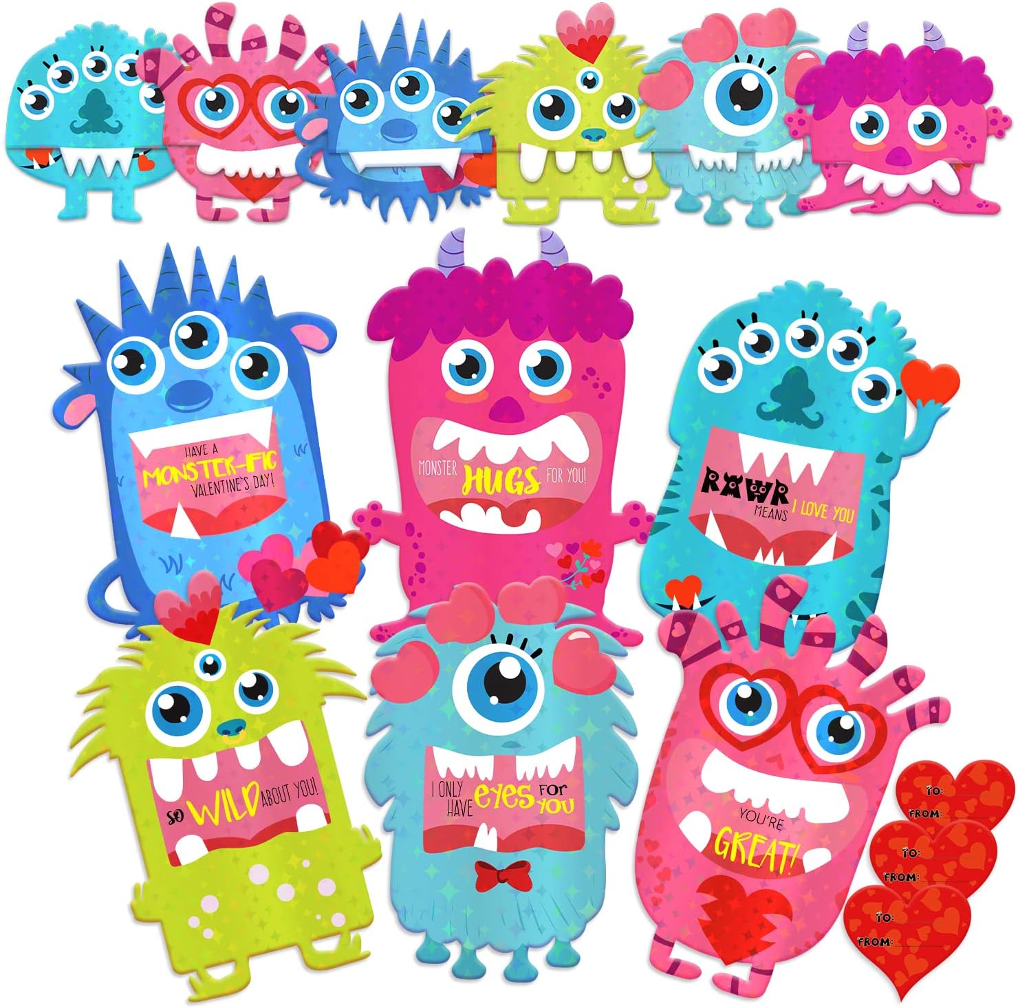 Valentine's Day Cards 3D Foldable Holographic Monster Valentine Card Set with Heart Stickers and Envelopes Gift Choice for Kids Classroom Party Favor (30 Pack) (Holographic Monster Cards)