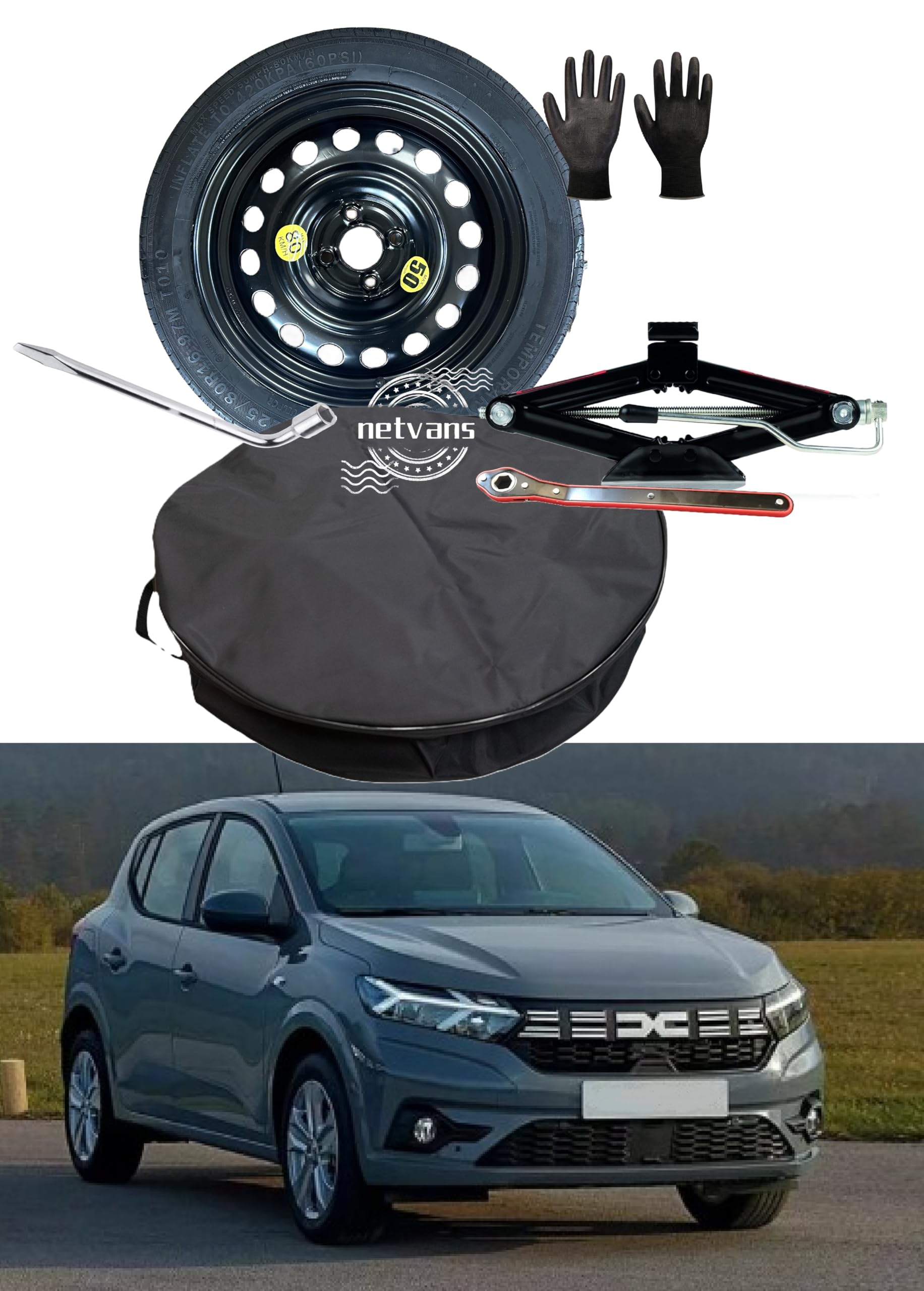 Kit Ruotino di Scorta 16" compatibile con Dacia Sandero - Sandero Stepway - Sandero Streetway con Cric, Chiave e Sacca