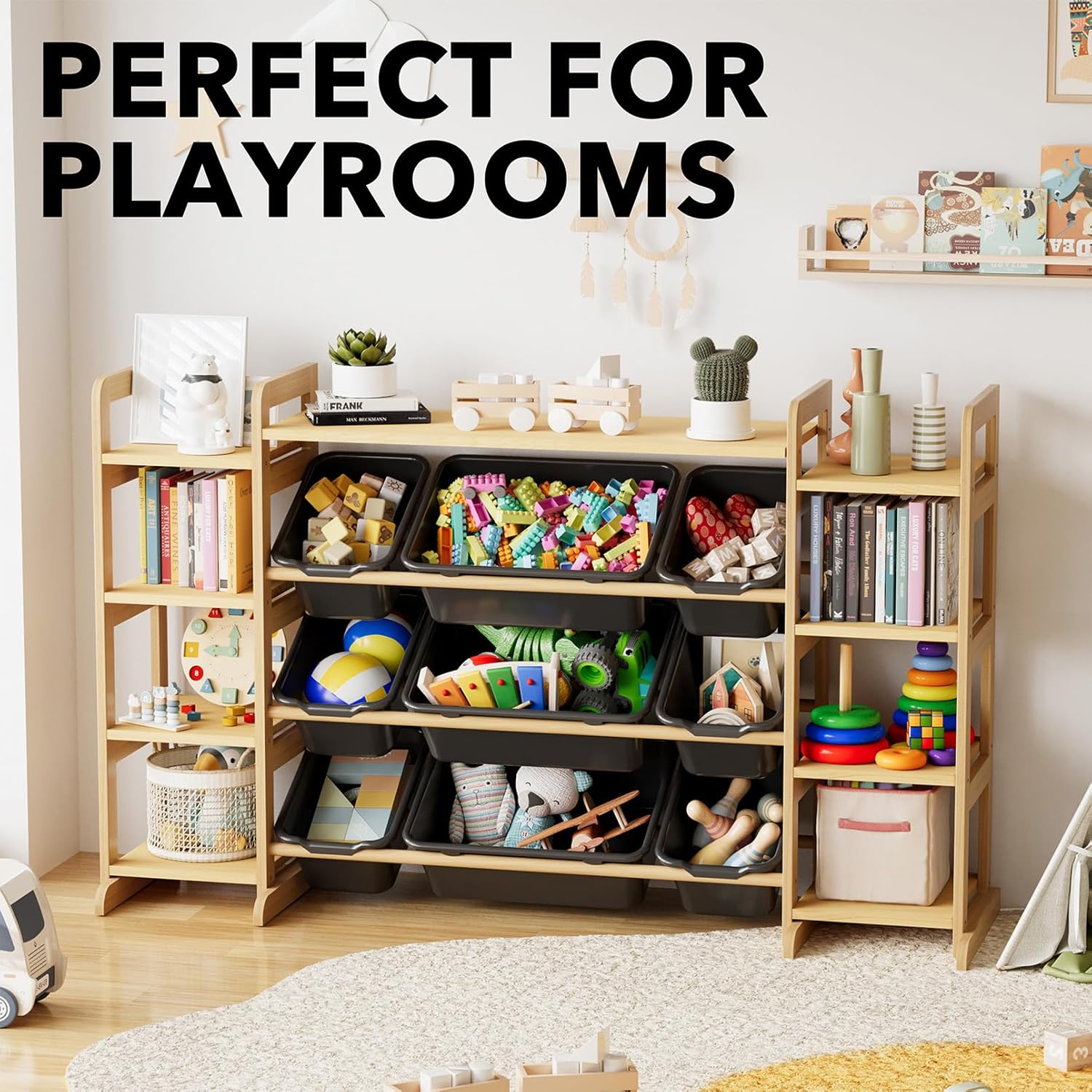 SpaceAid Large Toy Storage Organizer 9 Shelves 9 Bins, Toy Organizers Storage Bookshelf, Kids Bin Shelf Toys Box Bookcase for Bedroom Playroom Organization Room Decor, Neutral Gray