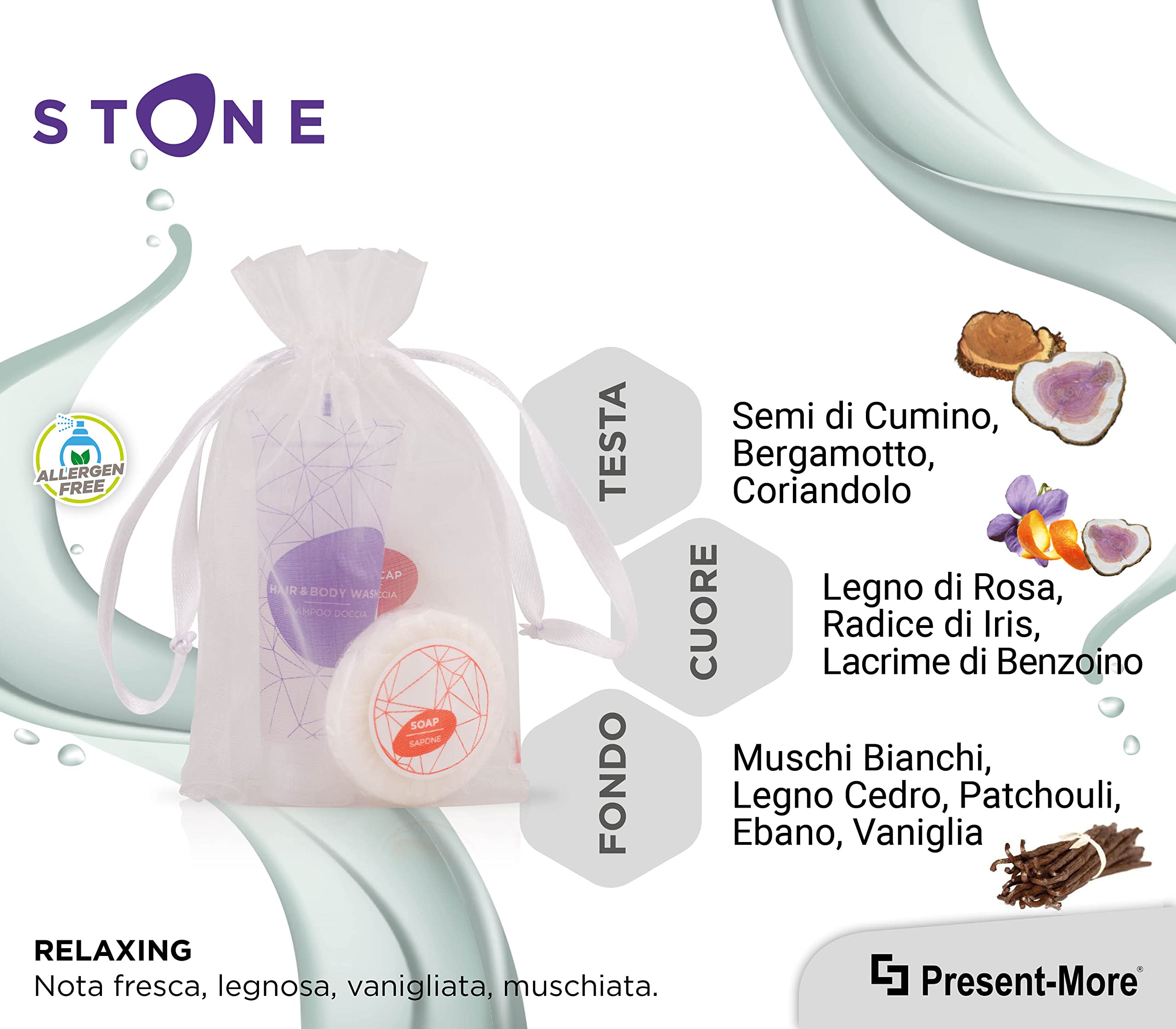PRESENT-MORE - Set Cortesia 50 Ospiti Stone - Fragranza Relaxing - Contiene: Shampoo Doccia, Sapone e Cuffia - Per Hotel e B&B