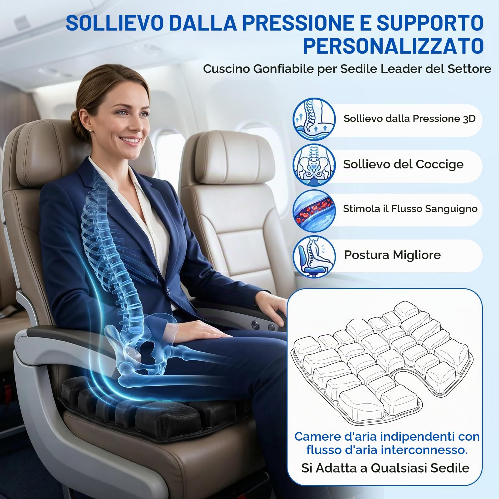Cuscino Gonfiabile per Seduta con Celle d'Aria 3D, Cuscino di Seduta Gonfiabile Cuscino Antidecubito per Alleviare Pressione da Seduta su Sedia a Rotelle, Viaggi, Ufficio, Auto, Aereo