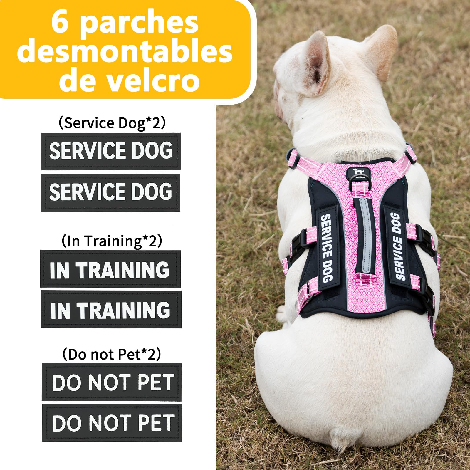 Huntboo Arnes Perro Grande de Servicio con 6 Parches, Arnes Antiescape Perro con Asa, Arnés Antitirones para Perros, Chaleco Reflectante Ajustable, Paseo Y Actividades Al Aire Libre (Rosa,L)
