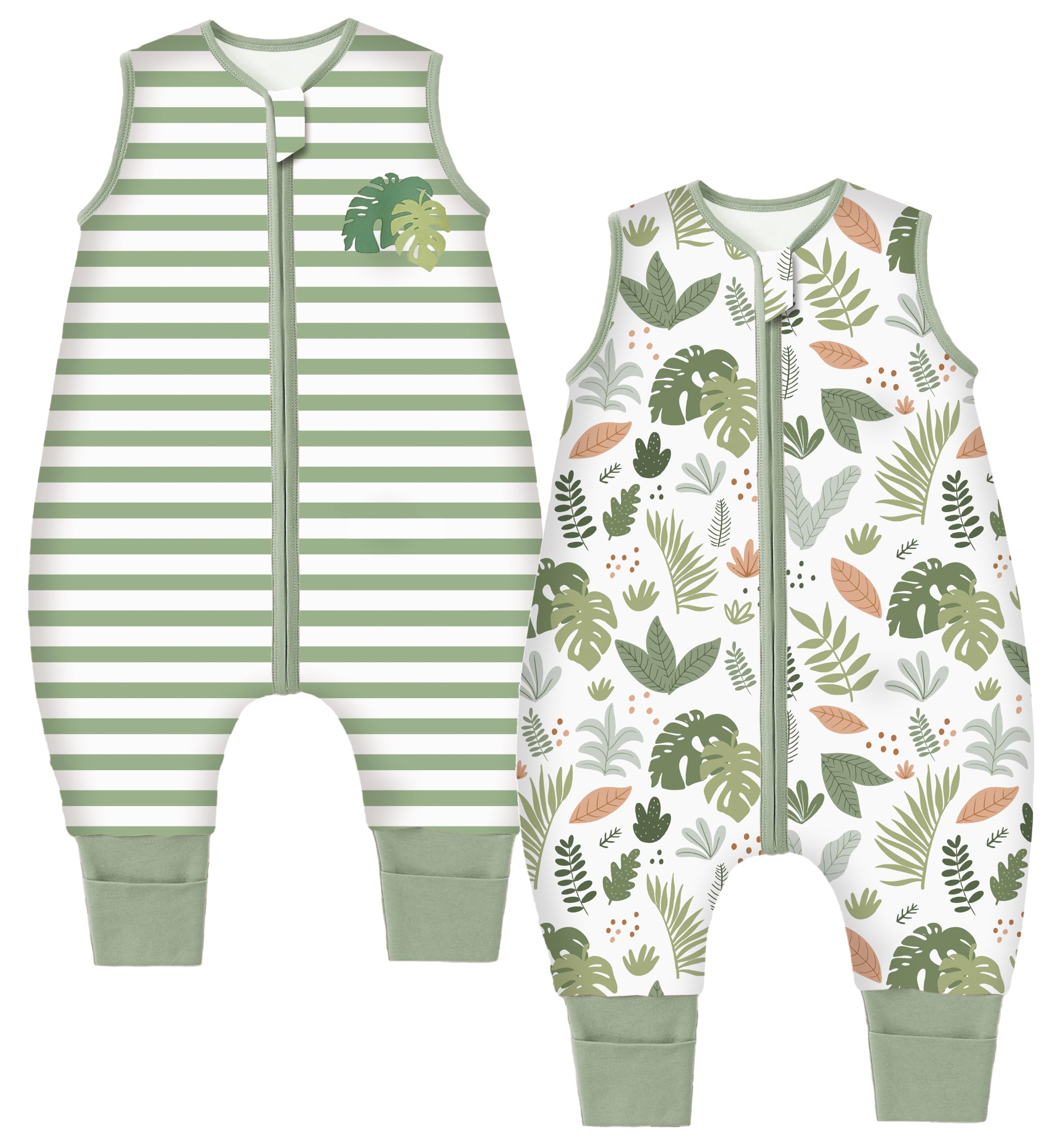 Chilsuessy Toddler Sleeping Bag with Feet 2pcs 2.5 Tog Baby Sleeping Sack with Legs Pyjamas Infant Walking Cotton Wearable Blankets, 2.5 Tog/Strip + Plant, 80cm/2-3 Years — image 1
