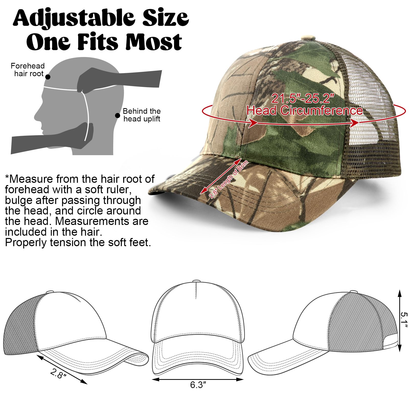 Shyyween 3 Pcs Hunting Hats Mesh Back Camo Caps Men's Trucker Breathable Mesh Cap with Adjustable Strap Hunting Gear Accessories