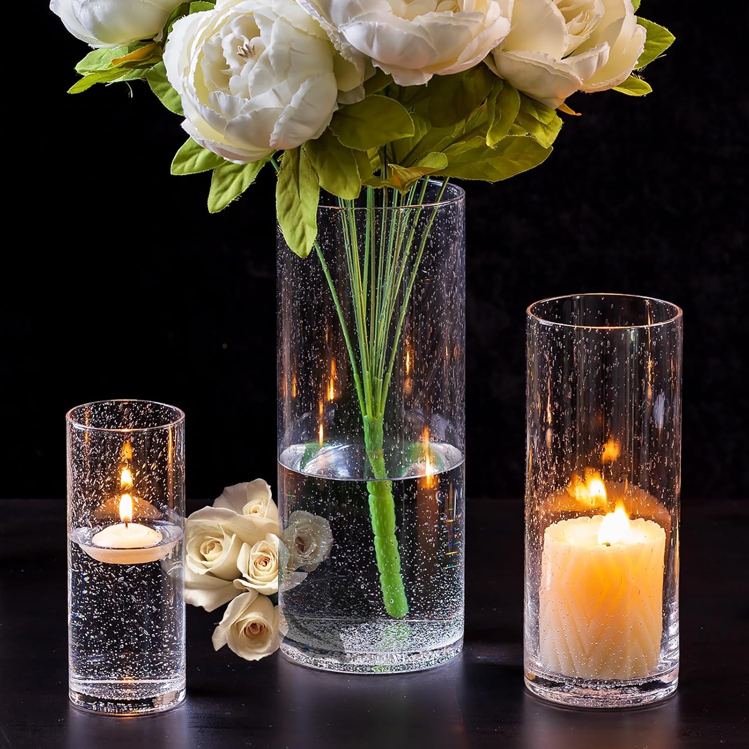 NUPTIO Candelabros de cristal de huracán 3 piezas de soporte cilíndrico transparente para velas de pilar soplado a mano florero flotante con burbujas sembradas para mesa de boda al aire libre centro Colombia