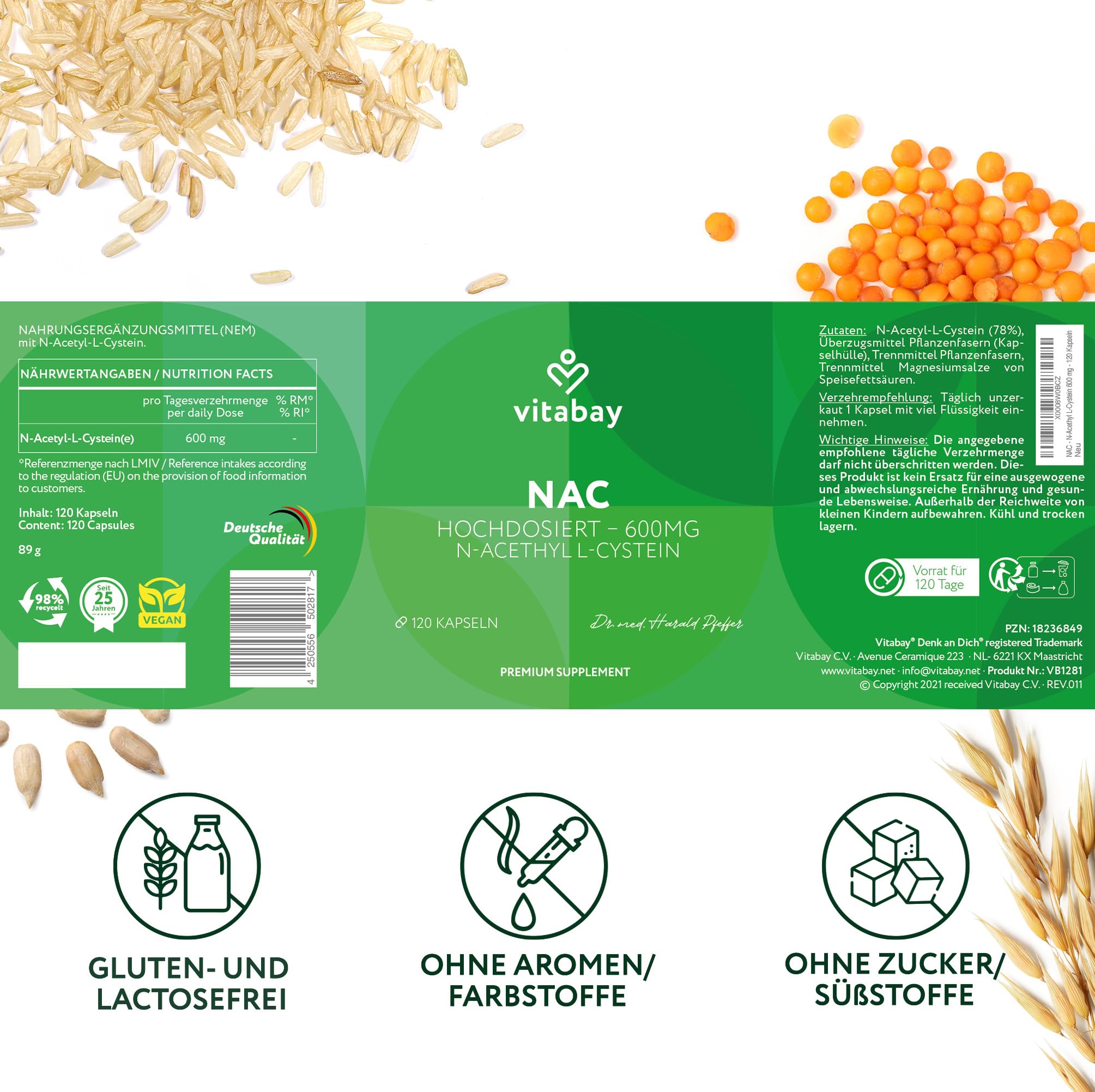 Vitabay NAC 600 mg – 240 vegane Kapseln – 2er Pack – N-Acetyl-L-Cystein hochdosiert – Ohne unnötige Zusatzstoffe & laborgeprüft – Vorrat für 8 Monate
