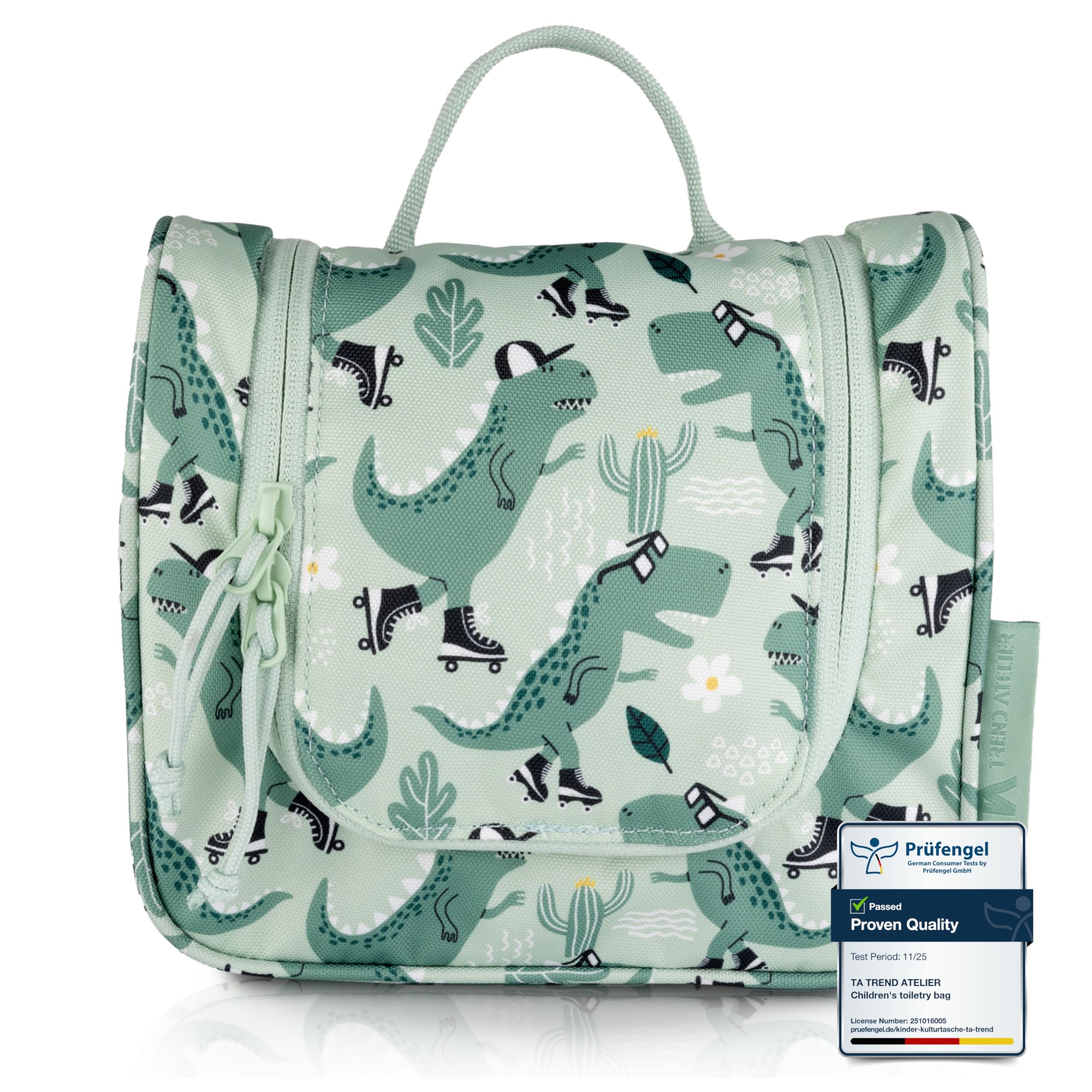 Beauty case bambino appendere trousse toilette sostenibile poliestere riciclato idrorepellente specchio scomparti Dinosauro Verde