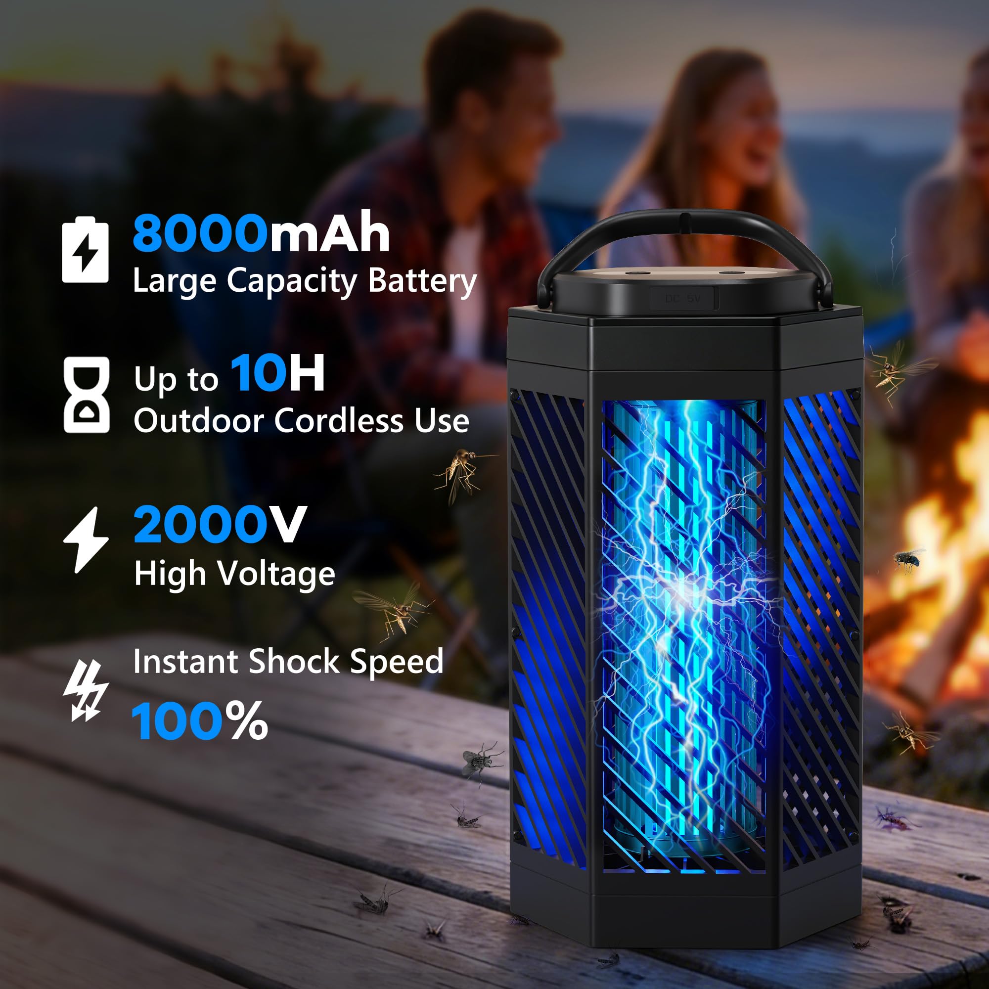 Wiederaufladbarer Insektenvernichter für den Innen- und Außenbereich, 8000 mAh, elektrischer Moskito-Zapper mit LED-Nachtlicht, 2-in-1 tragbarer & kabelloser Insektenvernichter für den Außenbereich