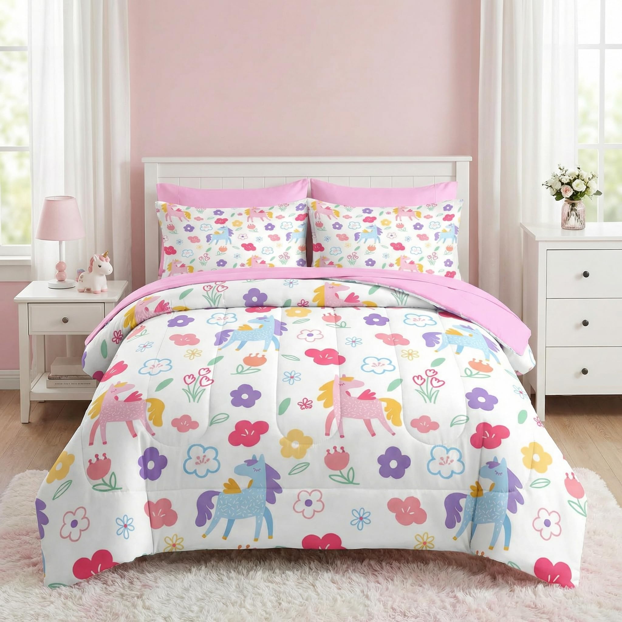 Nesker Uincorn Comforter Set Full Size, 7 Pieces Bed in a Bag, Pink Unicorn Bedding Set for Girls, Colorful Flowers Comforter Set with 2 Pillowcase & 2 Sham