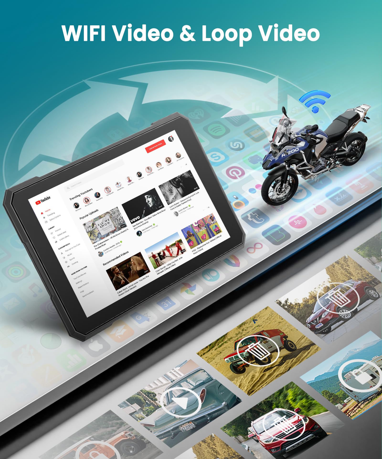 VECHTEL Motorrad Navi mit Zwei Kameras per Moto, 5'' HD Touchscreen GPS Navigation für Motorrad mit Kabelloses CarPlay und Android Auto DVR IP68 Wasserdicht Bluetooth EQ Assistente Siri/GOO-gle TPMS