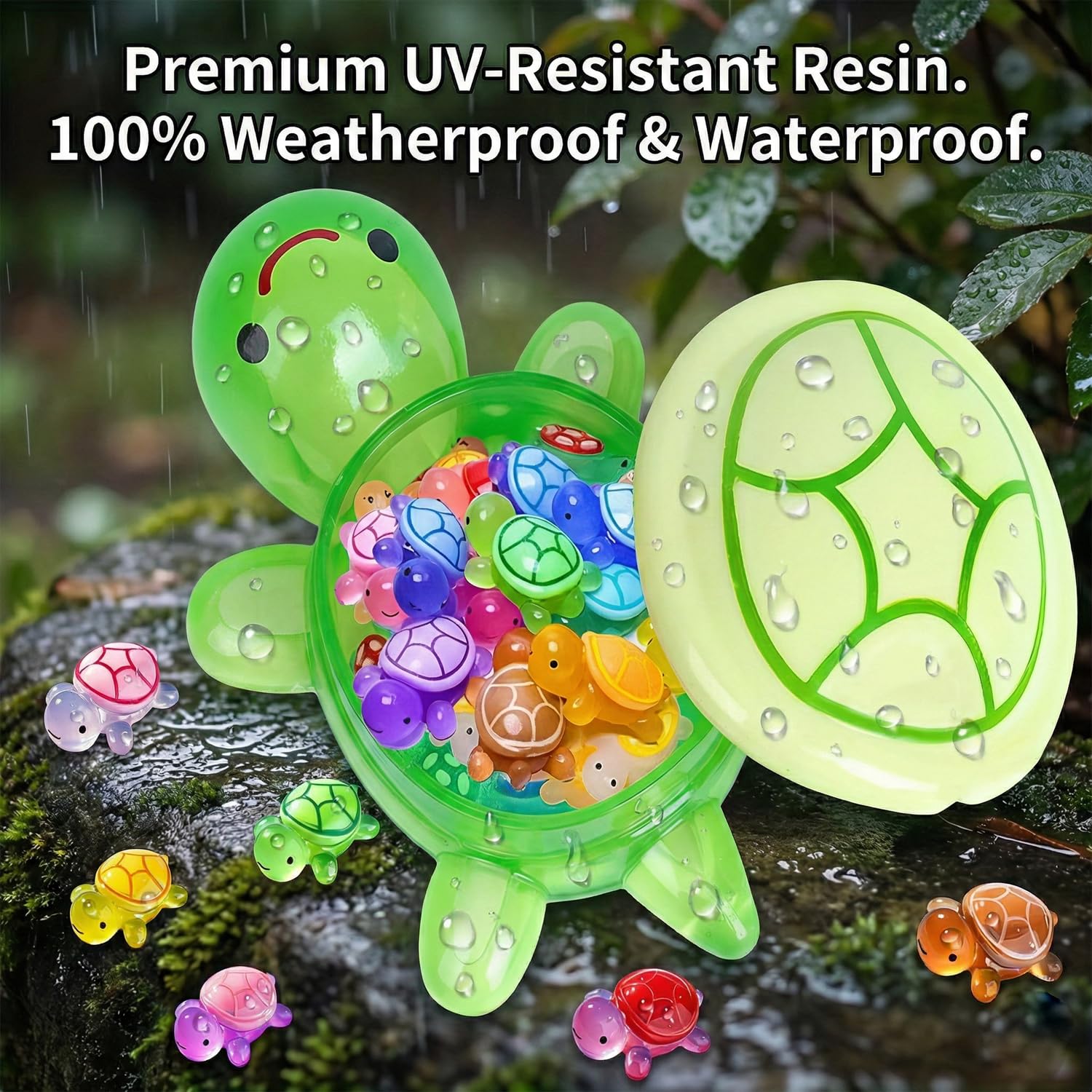 Famille de tortues lumineuses XXL : 1 x grande tortue mère (17 cm, avec compartiment de rangement) + 50 x mini tortues phosphorescentes – Décoration en résine résistante aux intempéries pour