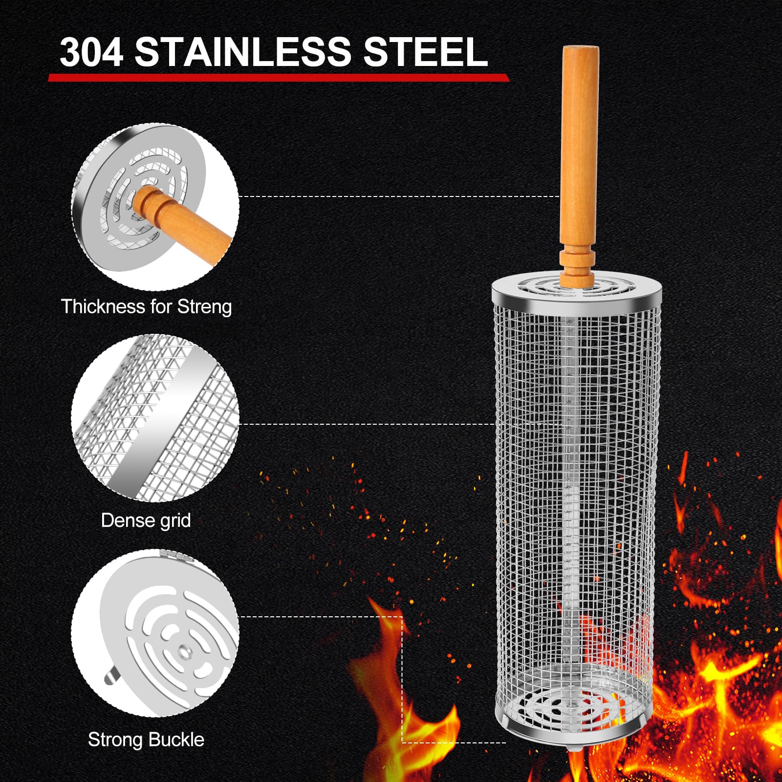 Confezione da 2 cestini per barbecue con manico in legno, cestello cilindrico in acciaio inox, accessorio per barbecue da picnic all'aperto, accessorio per barbecue da uomo