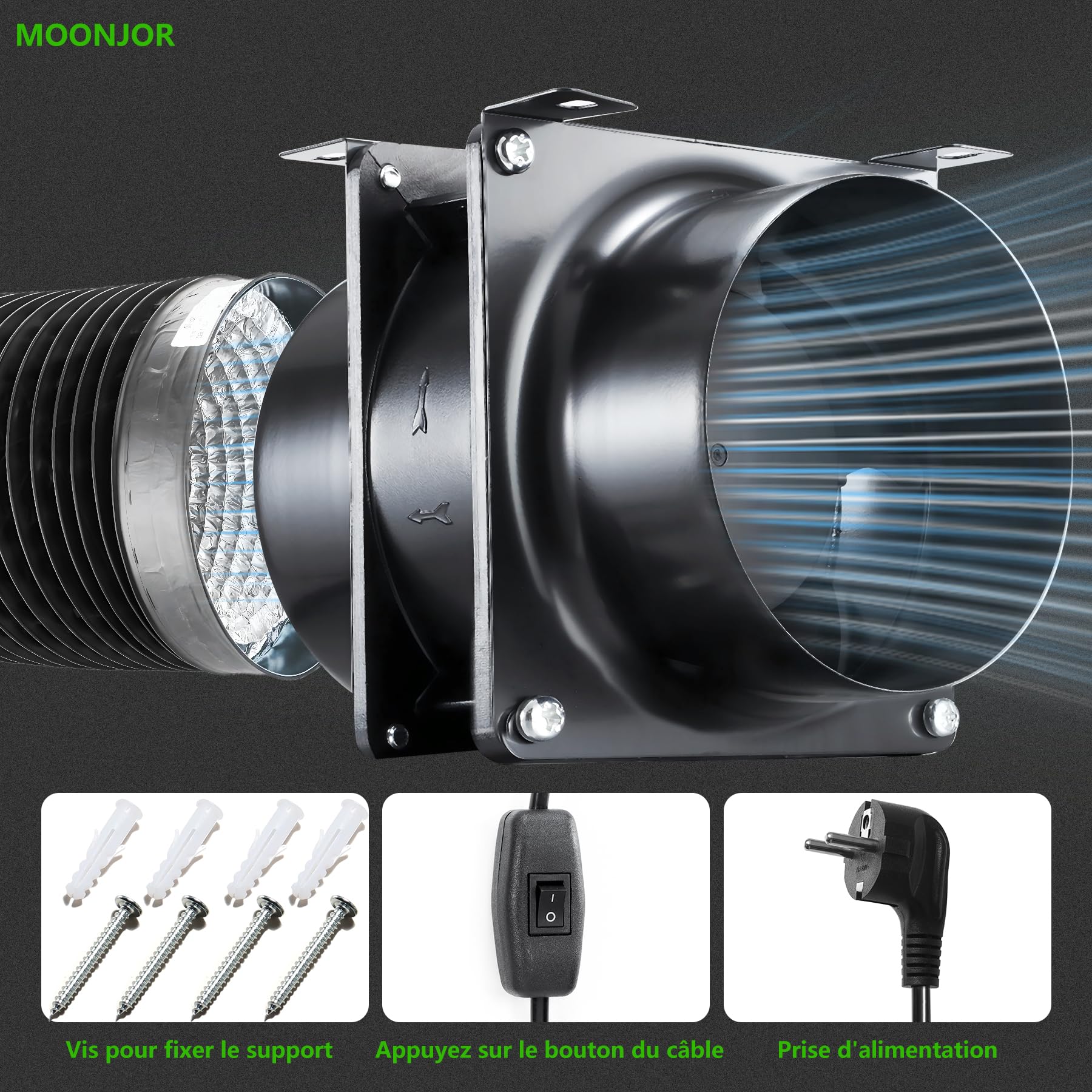 100mm Extracteur d'Air de Ventilation, 119m³/h Ventilateur de Conduit pour Cave, Tente de Culture, Garage, Projet DIY avec 2m Tuyau et Colliers