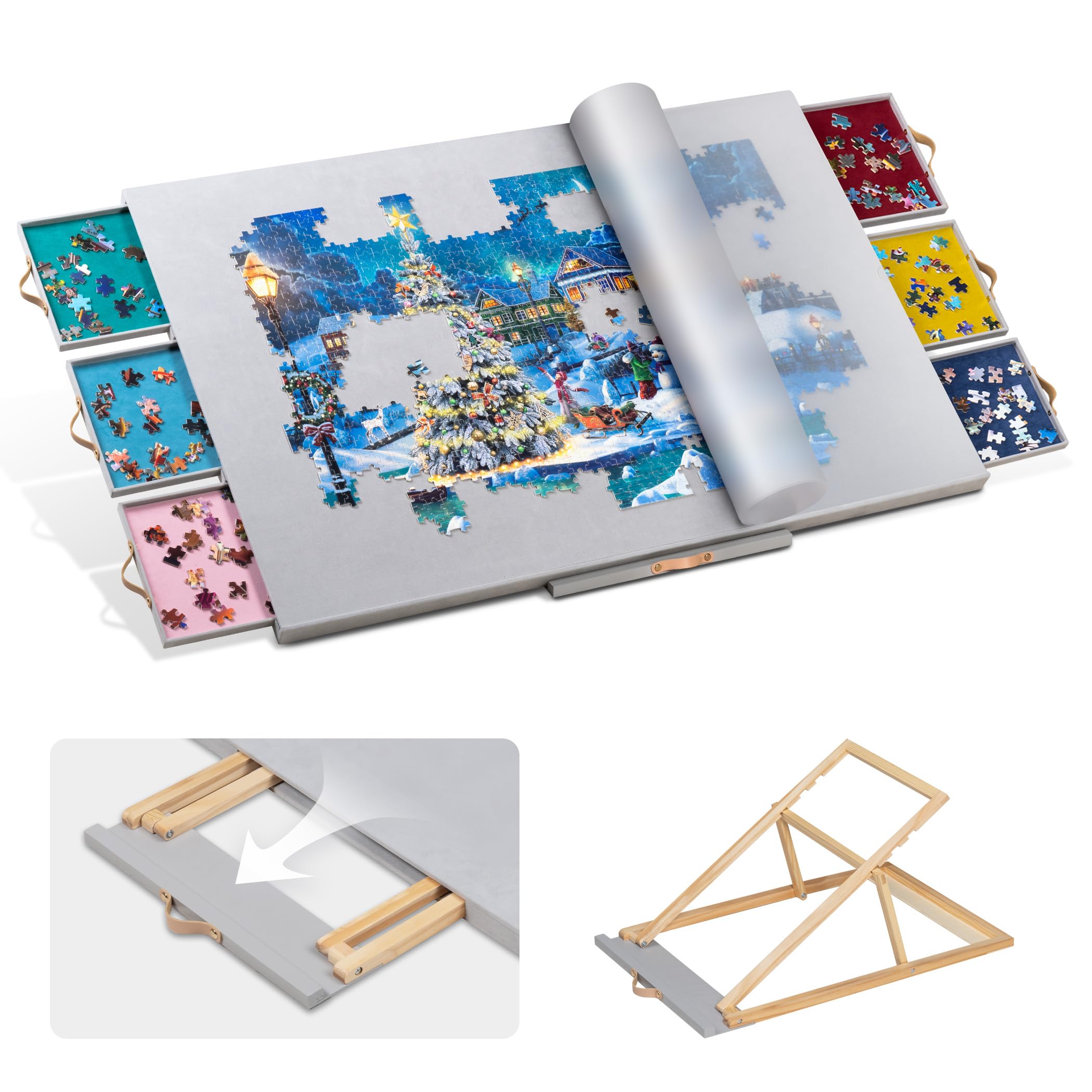 Becko US 1500-pc Tilting Puzzle Board with 6 Colored Drawers & Cover, Flannelette Puzzle Table with Embedded Stand, 3 Tilt Options, Puzzles Boards with Storage & Easel, for 1500 Pieces Puzzles (Gray)