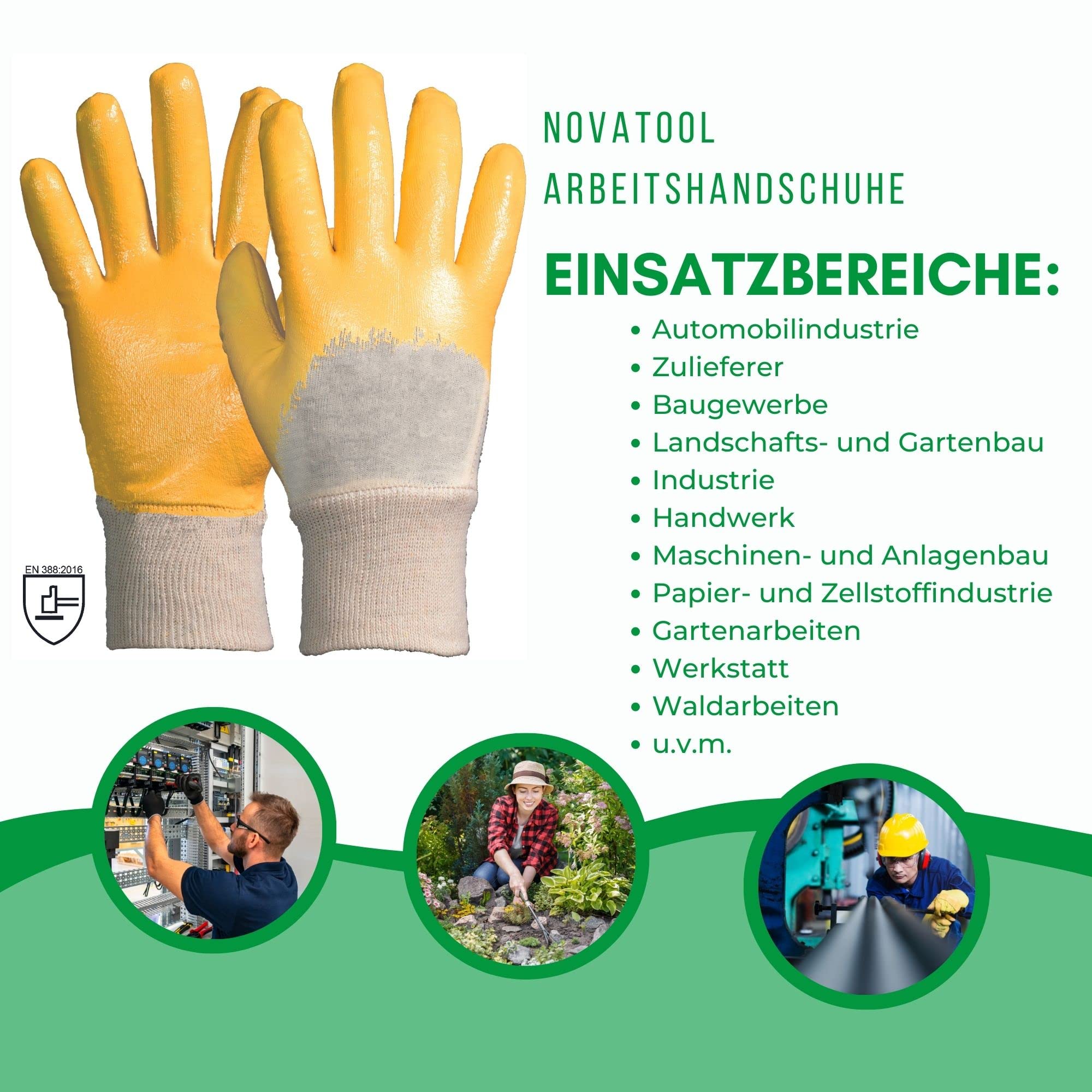 Novatool 144 pares de guantes de trabajo de color amarillo, talla 0e 9, nitrilo, repelentes al aceite, EN388:2016 3111X, guantes de jardinería para mujer, guantes de protección, guantes de trabajo,