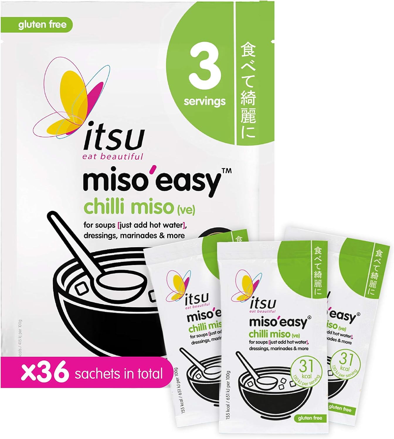 itsu Miso'Easy Chilli Miso Instant Miso Soup Sachets 12x60g (Pack of 12 36 soups in total