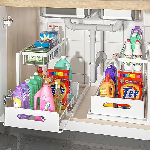 bukfen Under Sink Organizer, Pull Out Home Organizers 2-Tier Slide Out Sliding Shelf Under Cabinet Storage Multi-Use for Under Kitchen Bathroom Sink