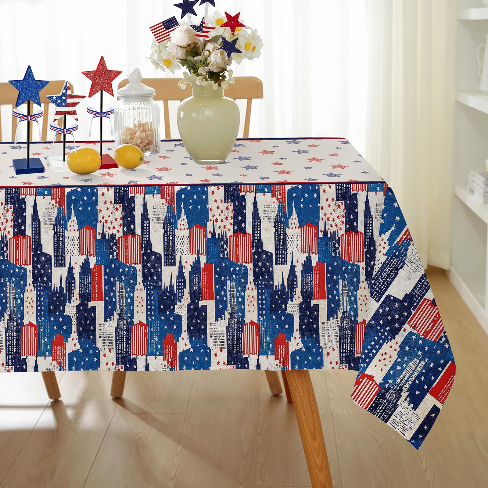 Honellaty 4th of July Rectangular Tablecloth 52×70 Inch, Patriotic Memorial Day Blue Red Star Independence Day Retro Holiday Table Cloth for Dining Party Picnic