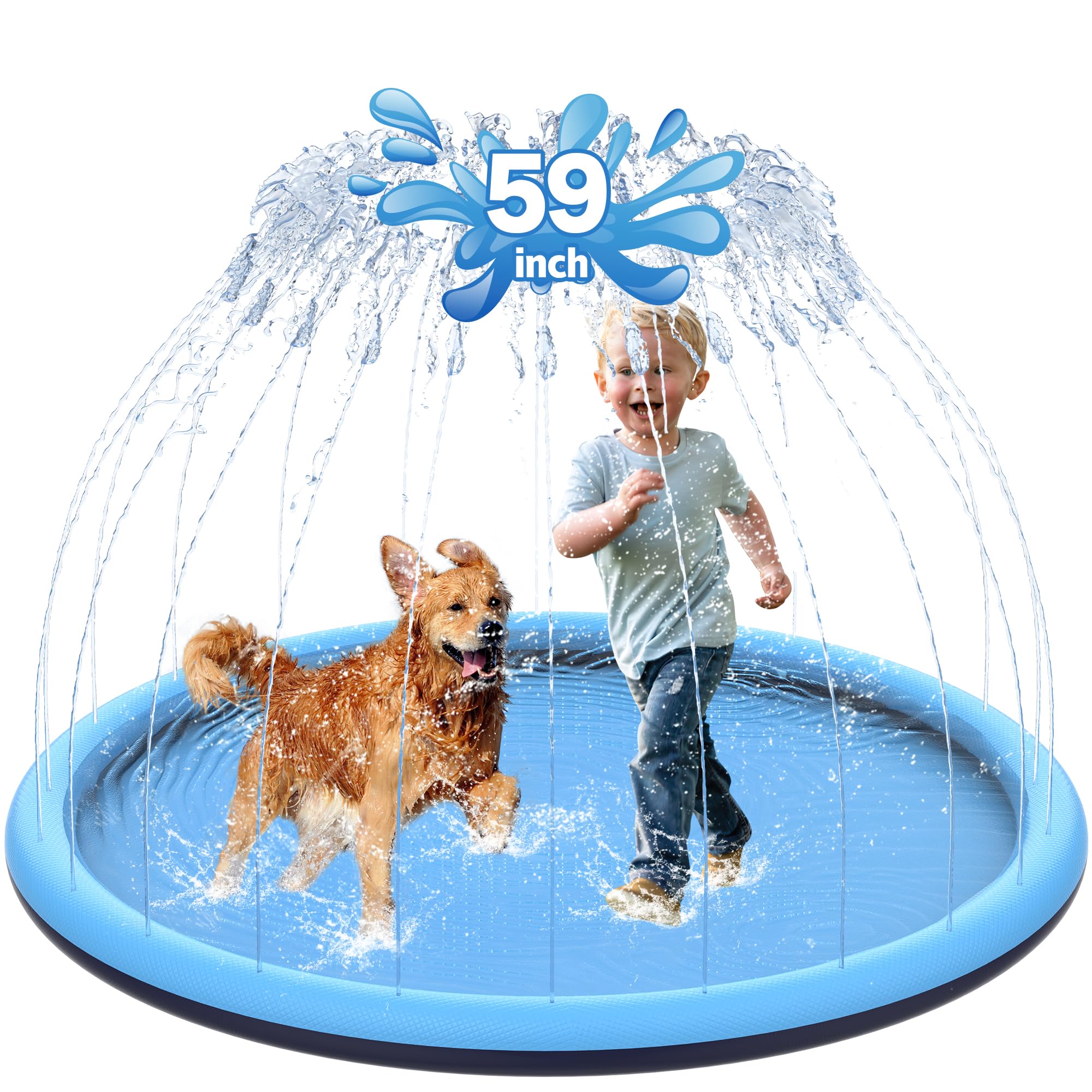 CACSPS Tappetino antiscivolo da 150 cm, per bambini e cani, addensante piscina con irrigatore, giocattoli estivi all'aperto, piscina per bambini e ragazze o cani da compagnia (blu)