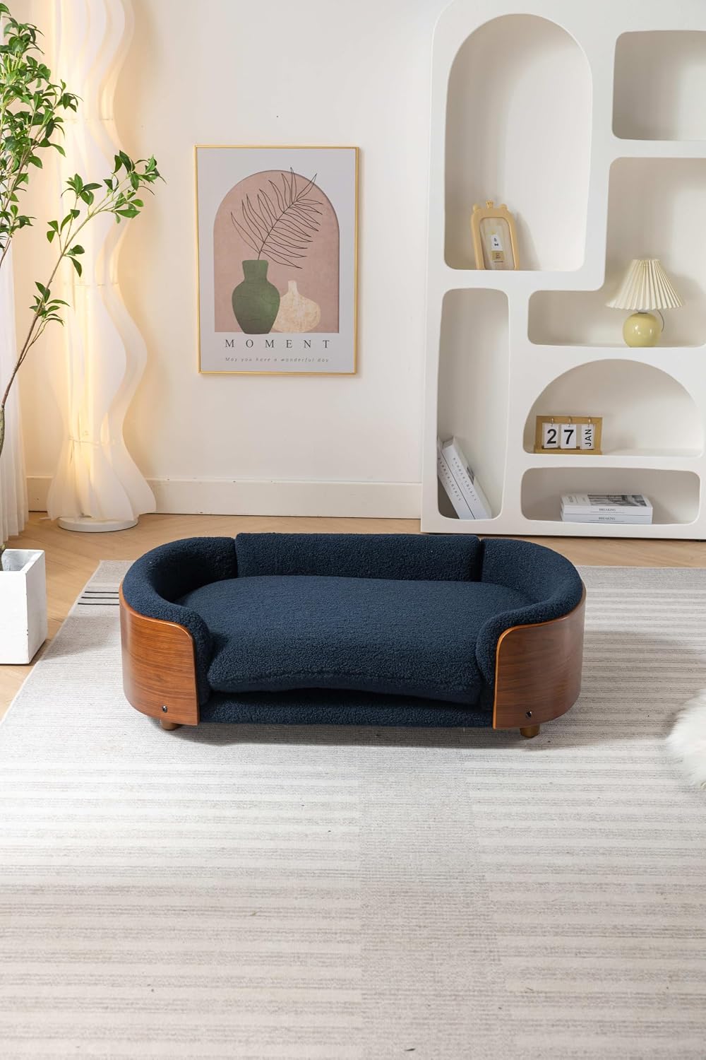 Scandinavian Style Elevated Dog Bed Pet Sofa with Solid Wood Legs and Bent Wood Back, Velvet Cushion, Large Size, Walnut Frame & Dark Blue Cushion